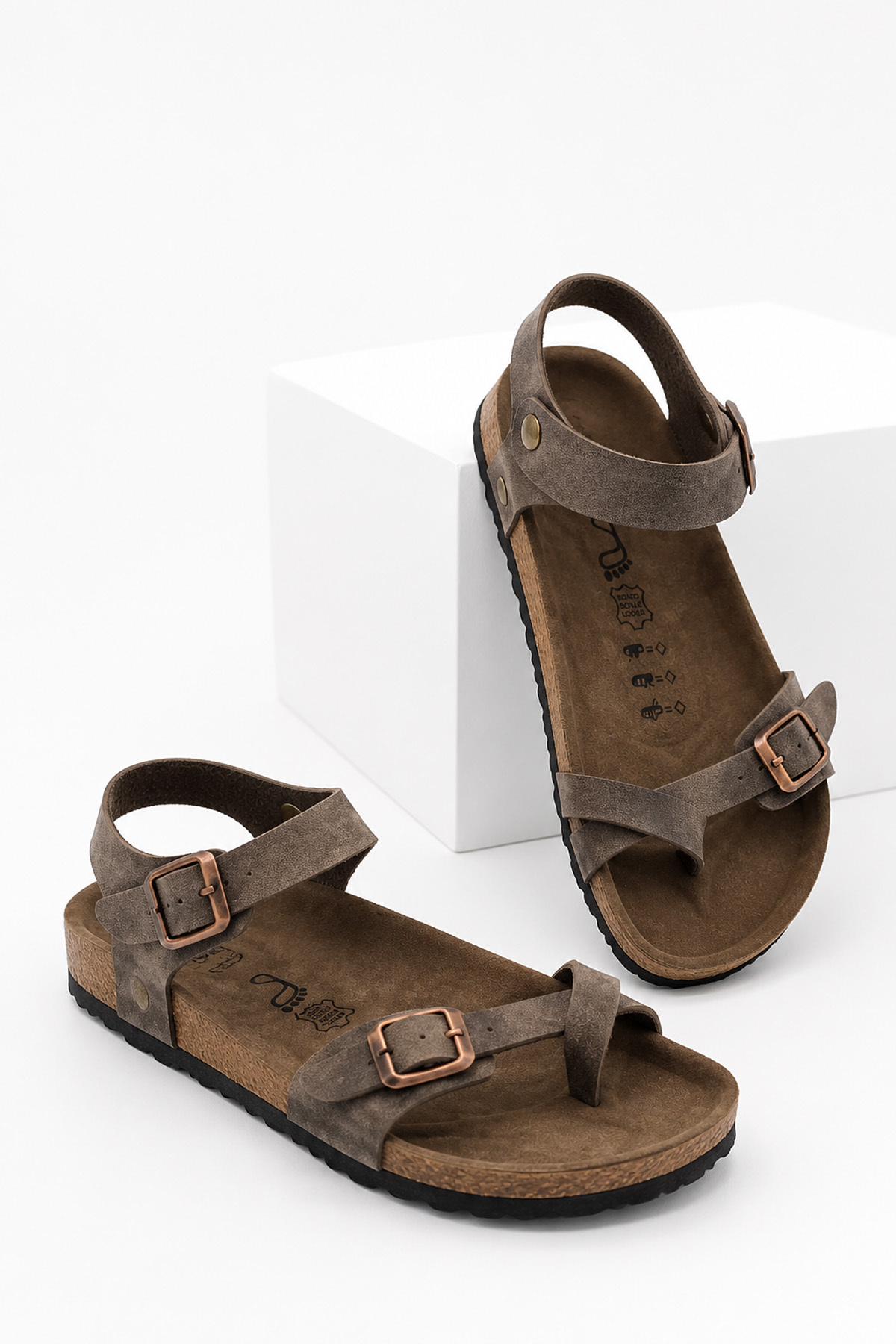 StWenn Brown Color Women's Anatomical Sole Flip-Flop Sandals with Double Buckle Ankle Strap Daily Comfortable Summer Wear
