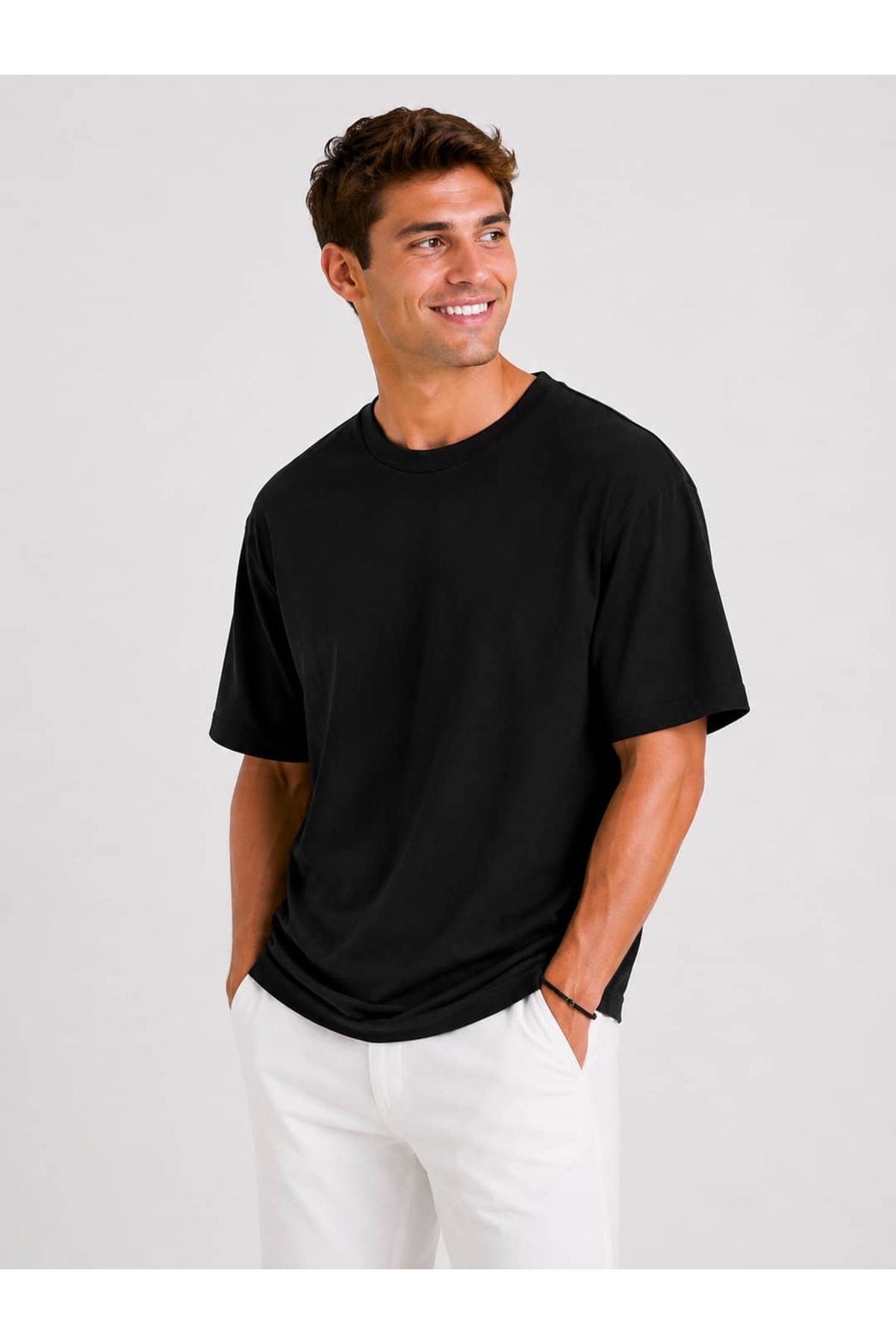 Vasto Moda Erkek Oversize Kalın Dokulu %100 Organik Pamuk Bisiklet Ribana Yakalı Siyah T-Shirt görsel 2