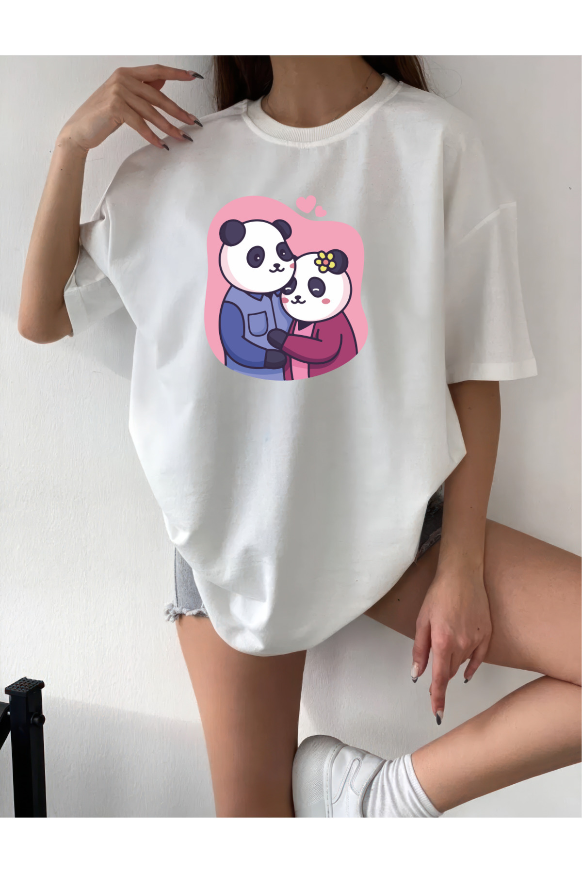 yombaa Love Pandas Design Printed Oversize Combed Cotton T-Shirt