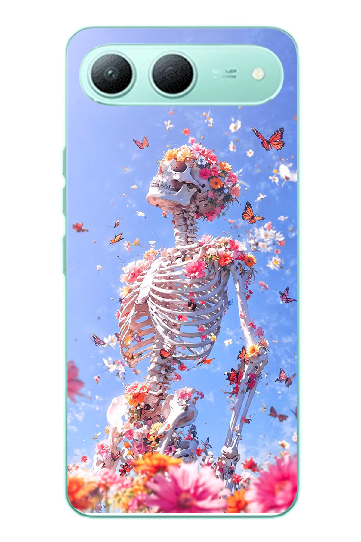 Tecno Spark 40 5G Uyumlu İskelet Çiçekleri Baskılı Silikon Kılıf