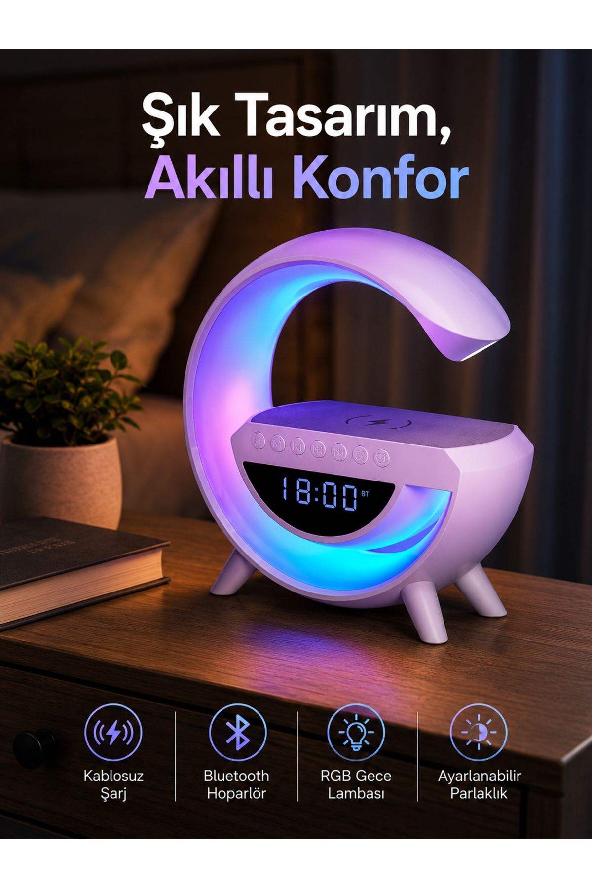 markentegra Bluetooth Hoparlör 15W Kablosuz Hızlı Şarj LED Gece Lambası