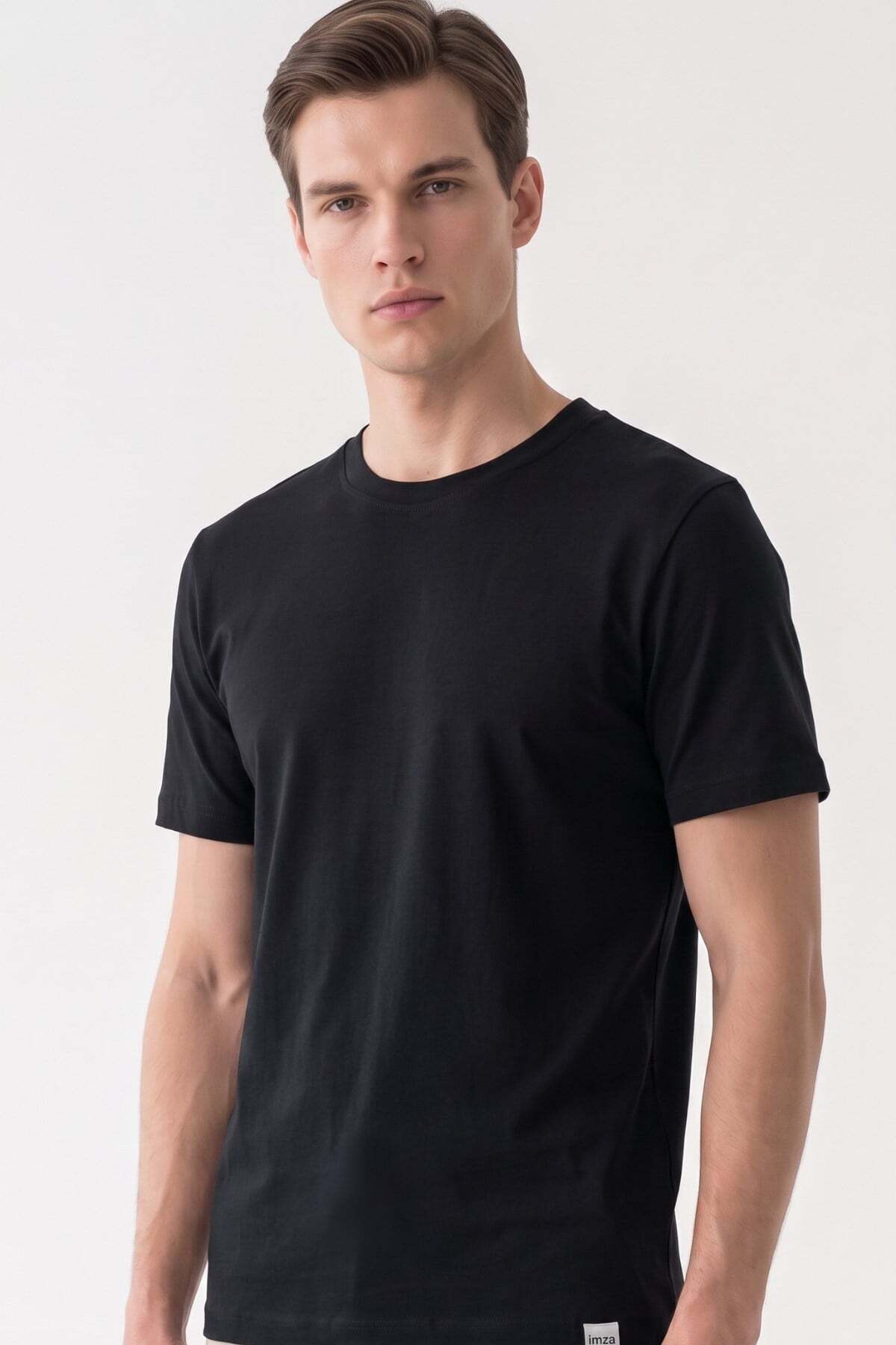 İmza Siyah Bisiklet Yaka Kısa Kol Slim Fit Pamuklu Tişört 1011265166