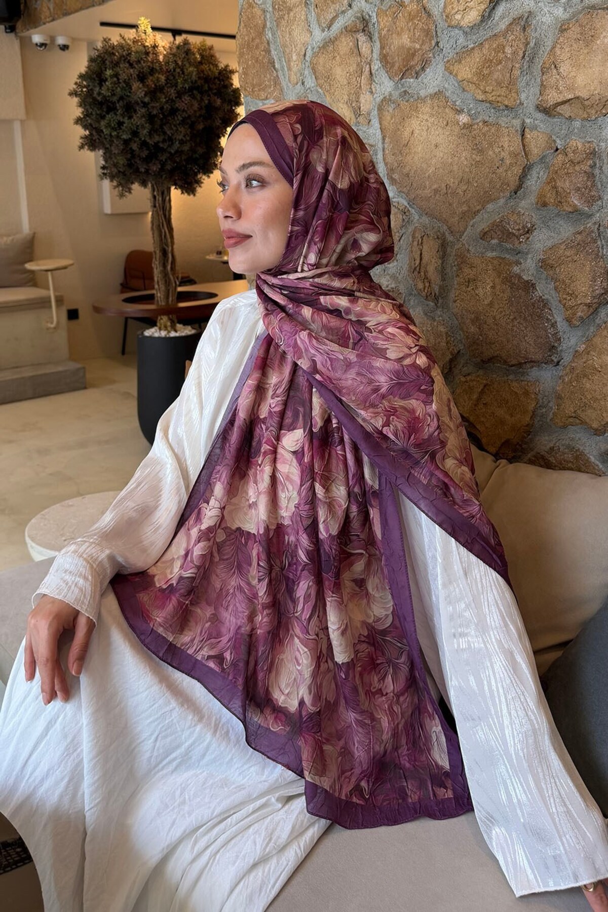 lamelif Vintage Flower Desen Bambu Şal Mürdüm görsel 3