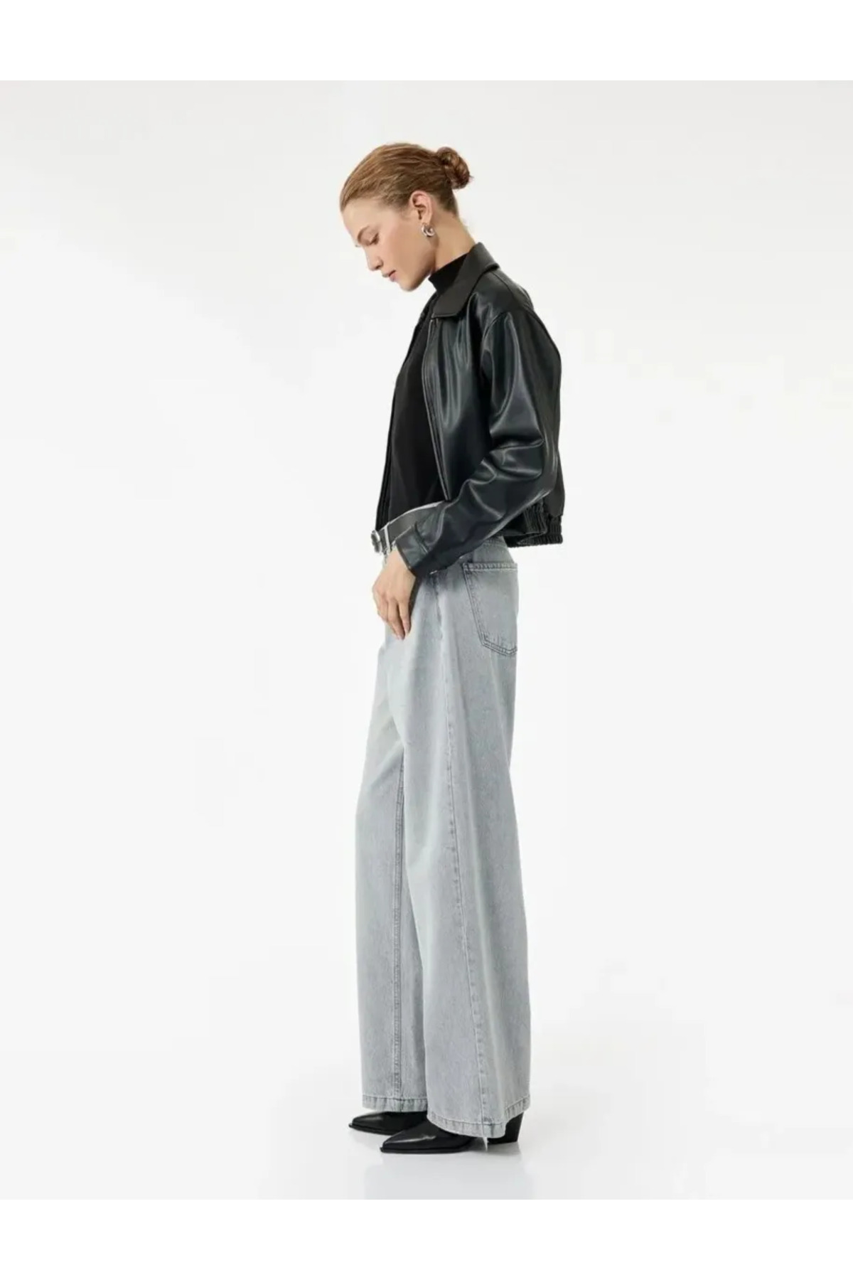 Koton Normal Bel Düğmeli Cepli Pamuklu Geniş Paça Jean Pantolon - Bianca Wide Leg Jeans görsel 2