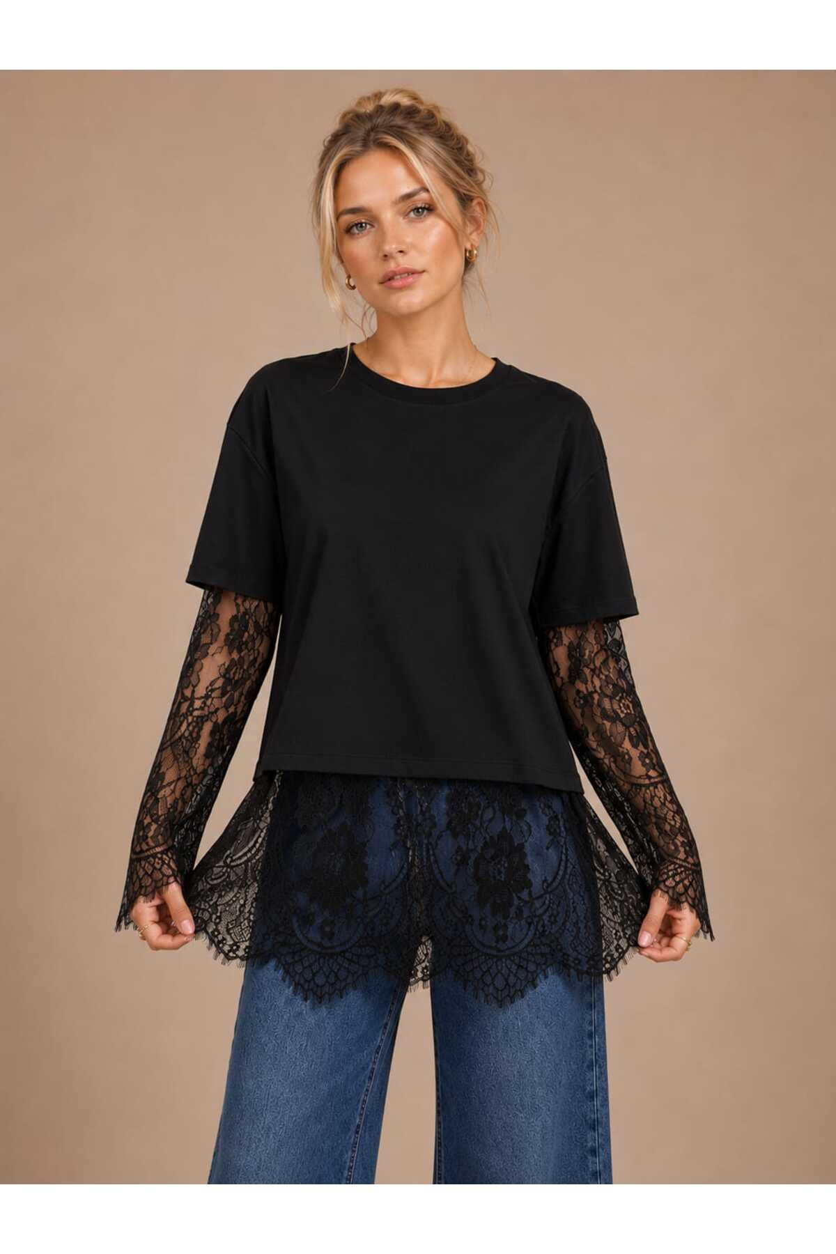 Benedetto New Season Modal Cotton Casual Lace Detailed Women's T-Shirt
