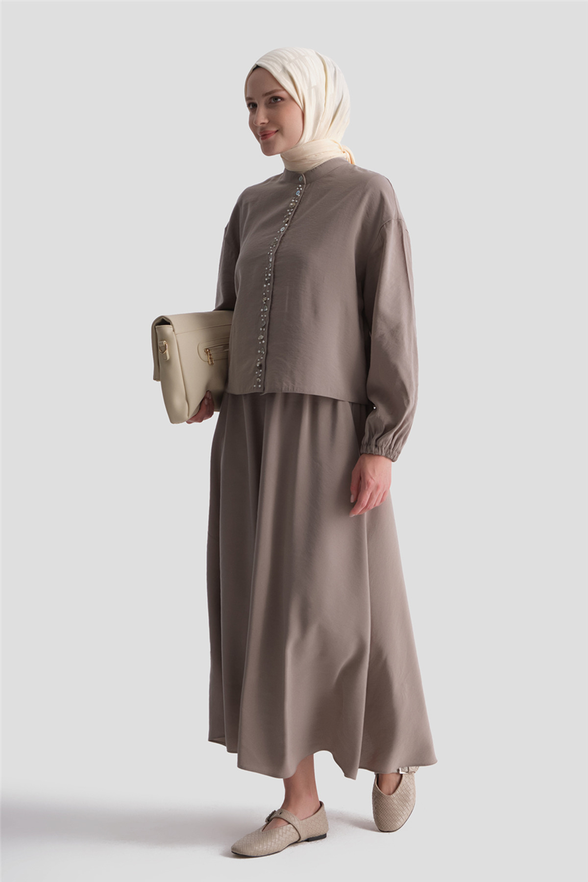 Armine Seashell Detailed Skirt Suit Beige