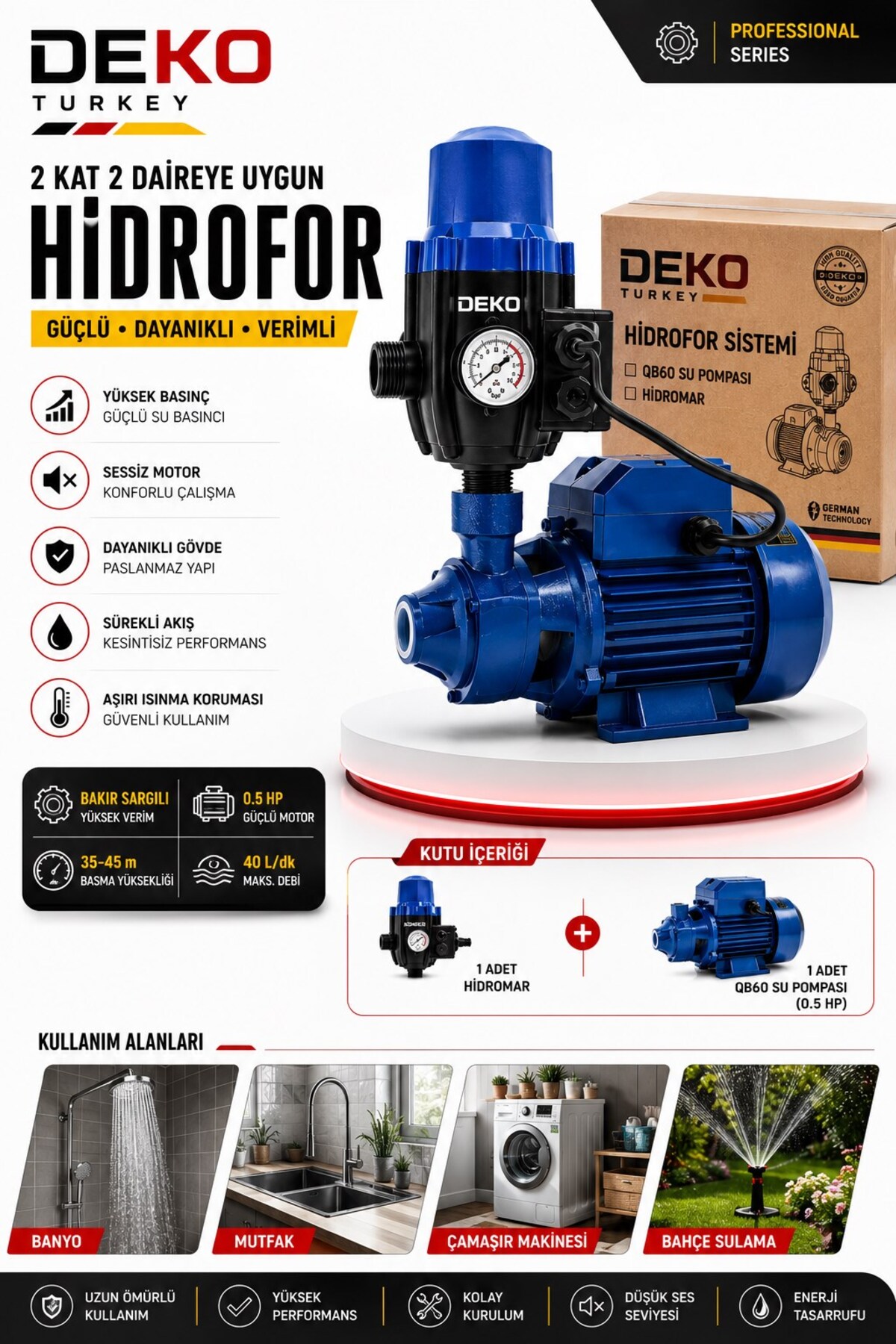 DEKO Turkey 2 Kat 2 Daire İçin Profesyonel Hidrofor – QB60 Otomatik Basınç Artırıcı Su Pompası Hidrofor Motoru