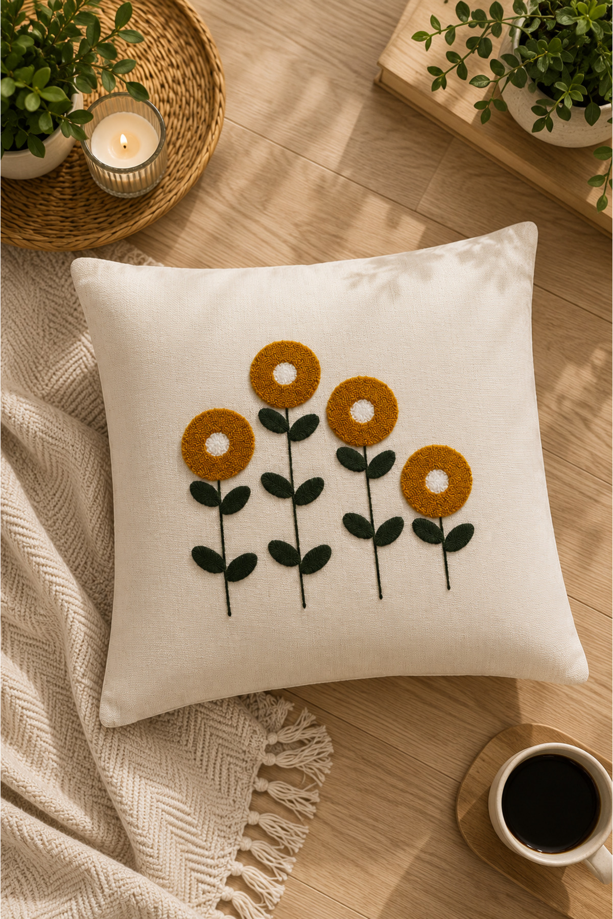 Dekoratif Punch Kırlent Kılıfı Keten Kumaş Gizli Fermuarlı 43x43