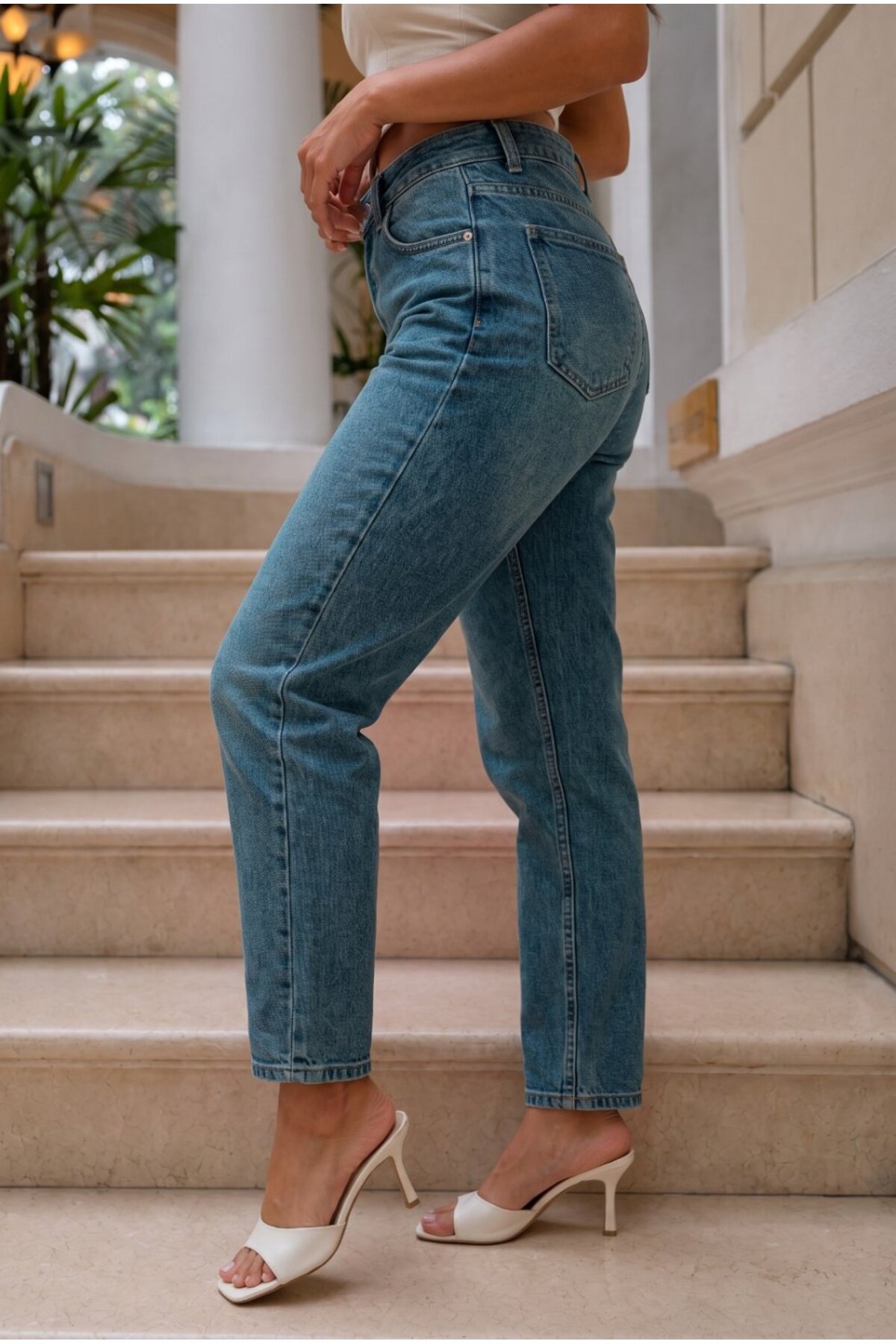 Yüksek Bel Mom Comfort Fıt KOYU MAVİ Jean Pantolon 7