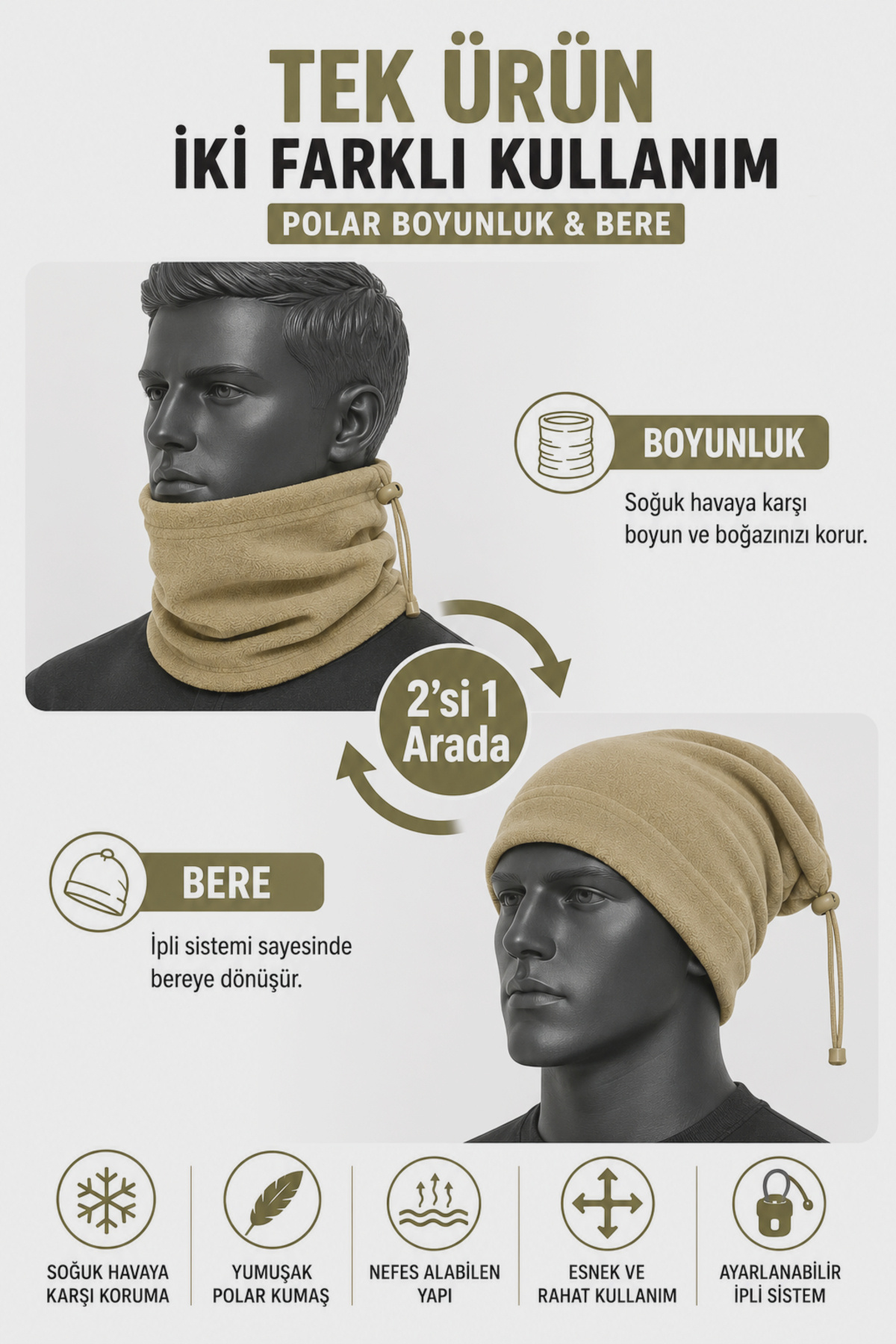 Alıç Asker Polar Boyunluk Bere 2'si 1 Arada– Ayarlanabilir İpli Polar Boyunluk, Bereye Dönüşebilen Çok Amaçlı Kışlık Boyun Koruyucu görsel 2