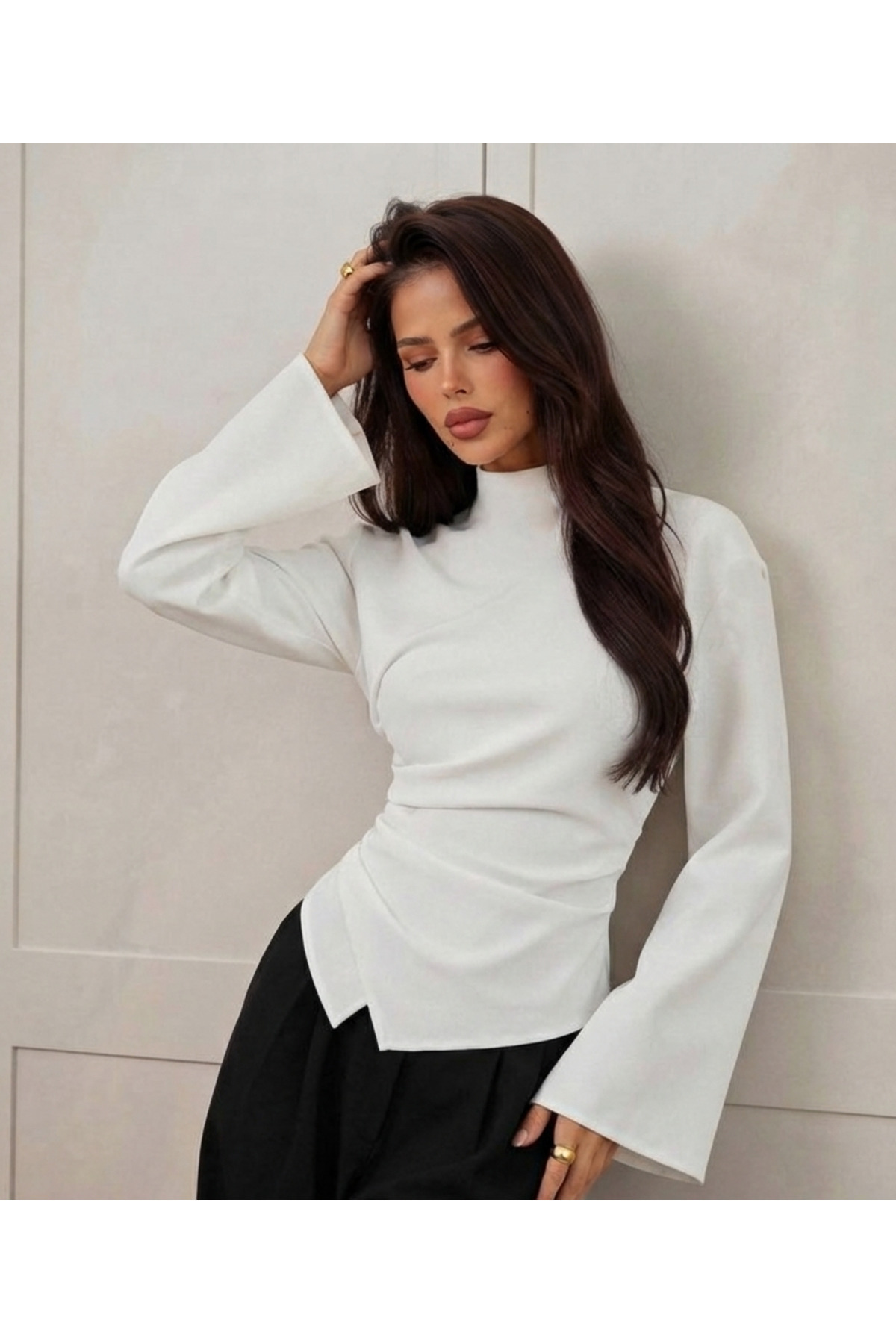 Moda Lounge Dik Yaka Drape Detaylı İspanyol Kollu Şık Bluz görsel 5