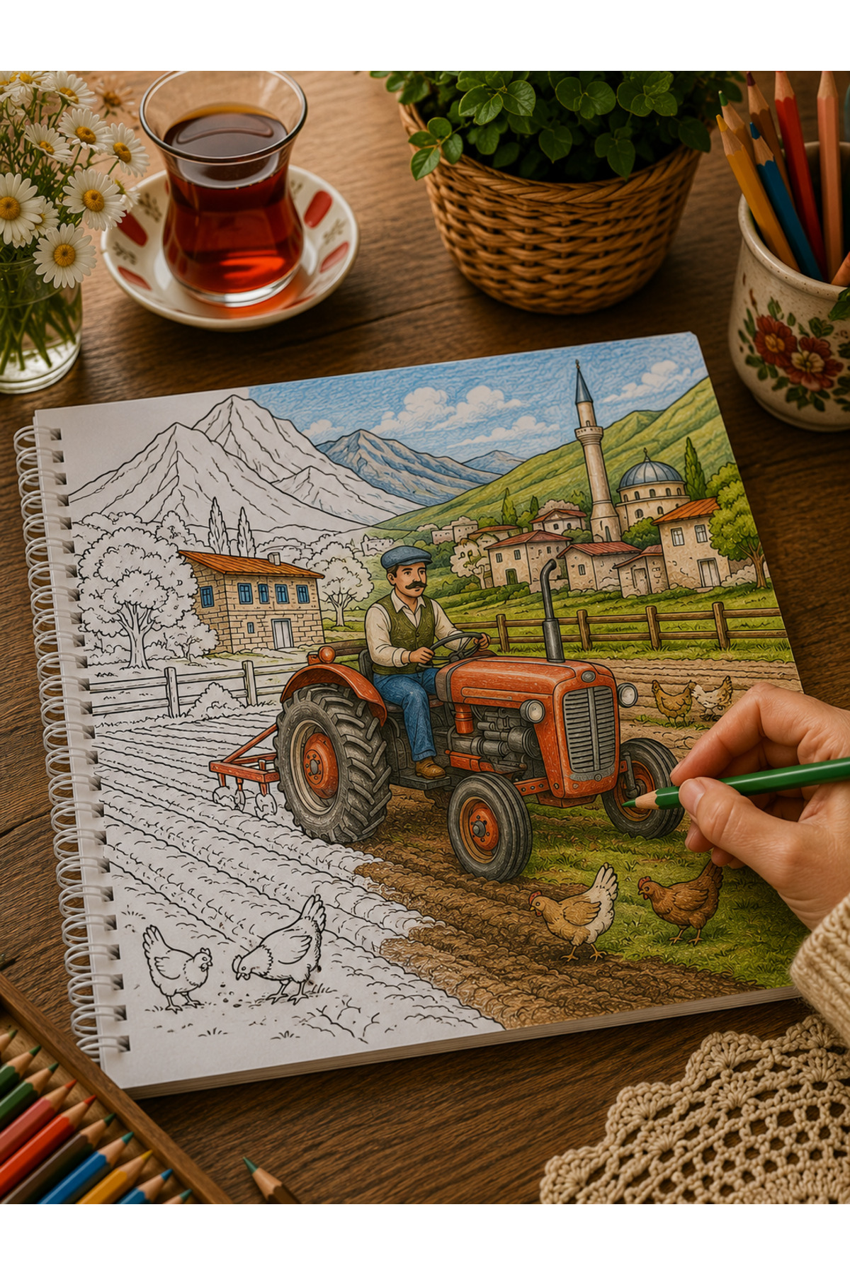 کتاب رنگ آمیزی زندگی روستایی آنادولو – کتاب رنگ آمیزی برای بزرگسالان درباره زندگی طبیعی، روستا و زندگی روستایی - ۳۵ تصویر - ۲۰*۲۰