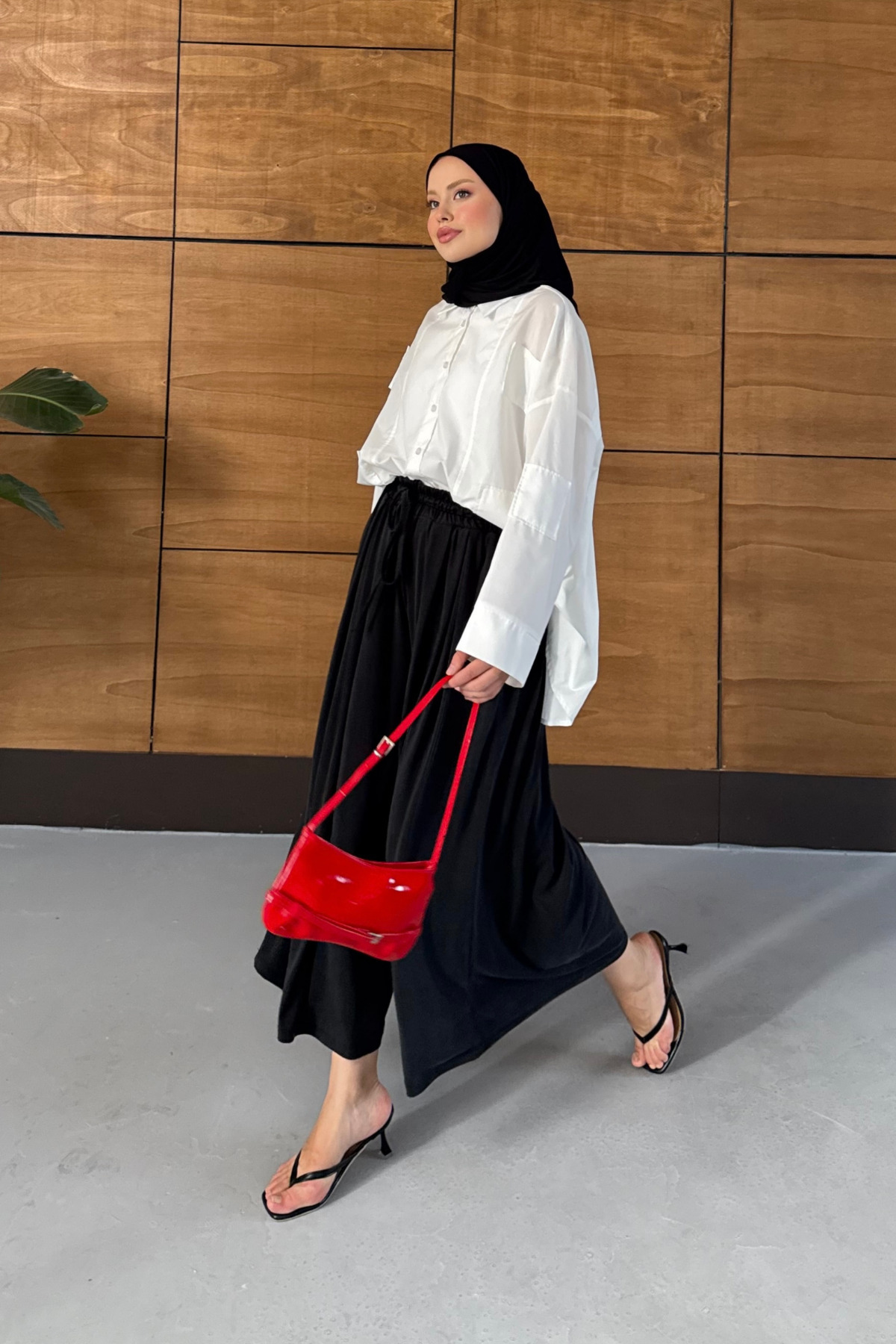 Miss Allos Beli Lastikli Geniş Paça Dökümlü Modal Kumaş Etekli Pantolon görsel 4