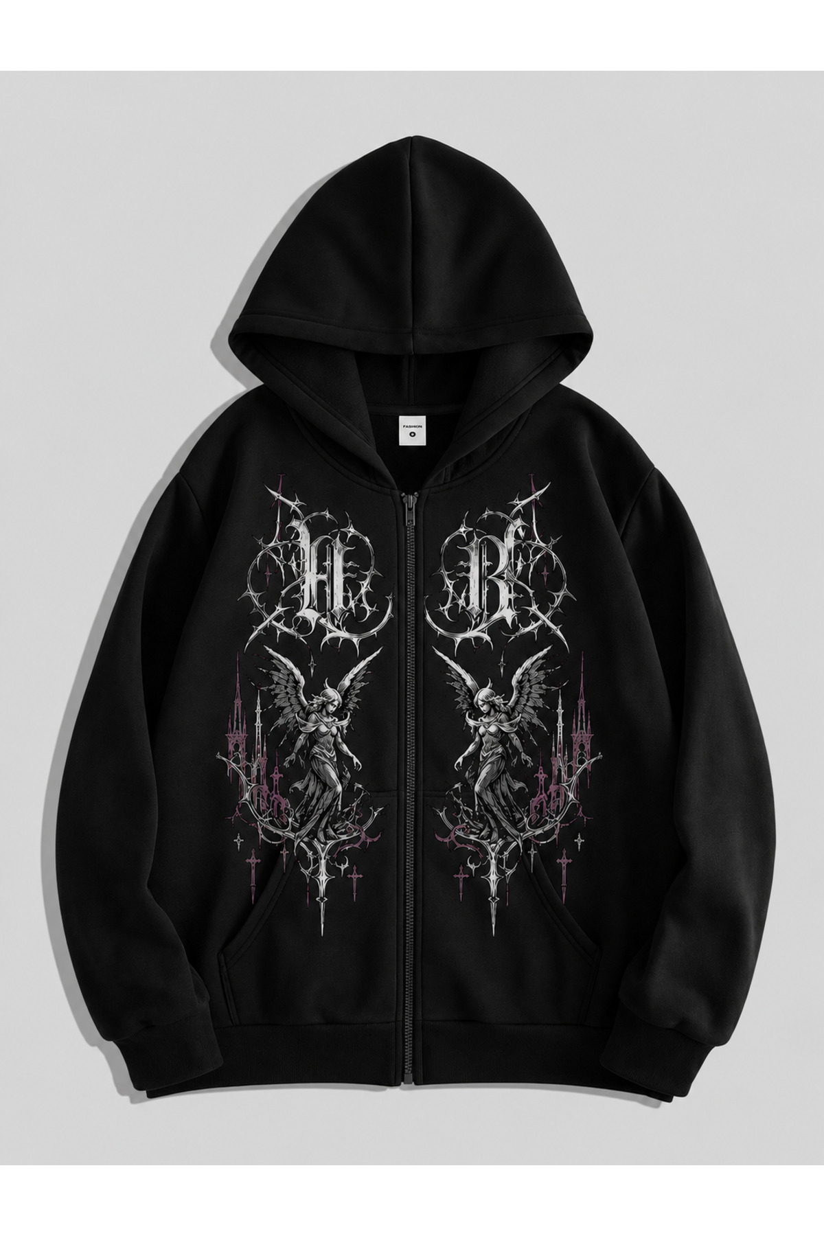 dompulerimoda Gothic Desenli Siyah Fermuarlı Kapüşonlu Oversize Sweatshirt – Unisex — مشکی dp6551