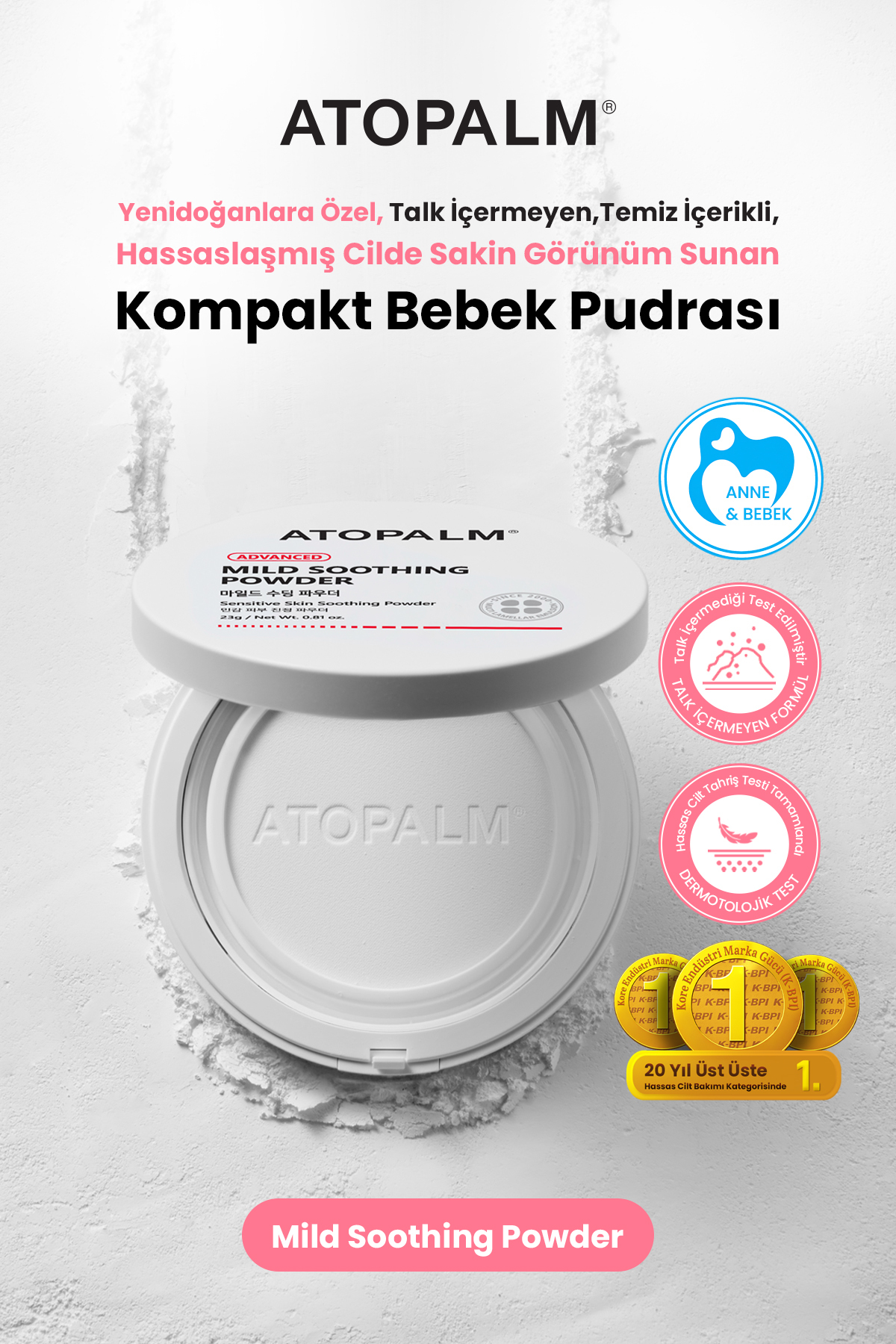 Atopalm Yenidoğanlara Özel, Talk İçermeyen Temiz İçerikli Kompakt Bebek Pudrası Mild Soothing Powder — 9725