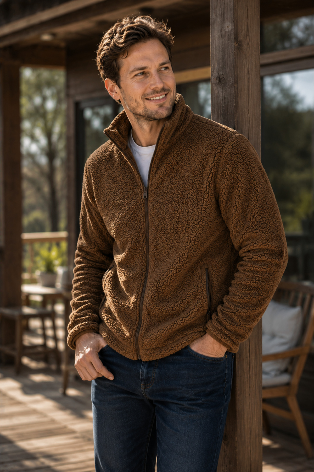 Erkek Peluş polar Slim Fit Dik Yaka Fermuarlı Cepli Günlük Spor Ceket — قهوه‌ای l2139081289 — تصویر 3 از 8