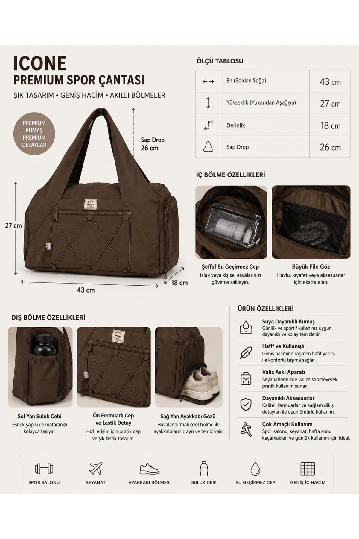 ICONE BAG Unisex Spor ve Yoga Çantası, Çok Cepli, Ayakkabı Bölmeli, Lastik Detaylı, Fermuarlı Ön Cep, Kahverengi Spor Çanta görsel 5