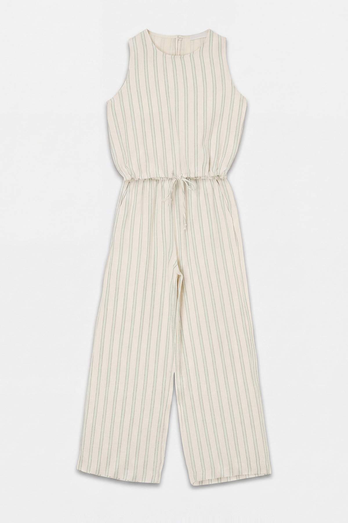 Drop by Trendyolmilla Yeşil Çizgili Eteği Ayarlı Crop Üst Cepli Beli Lastikli Pantolonlu Muslin Takım TDRSS26AU00053