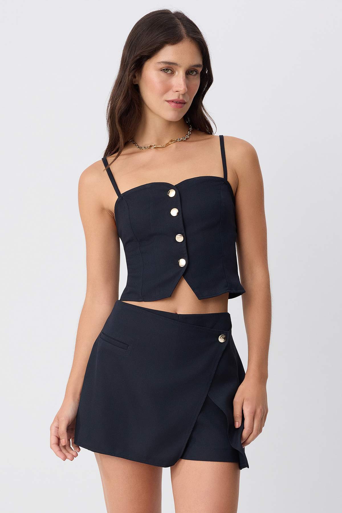 Trendyolmilla Lacivert Pamuklu Aslıkılı Bluz Mini Şort Etek Dokuma Alt&Üst Alt - Üst Takım TWOSS26AU00266