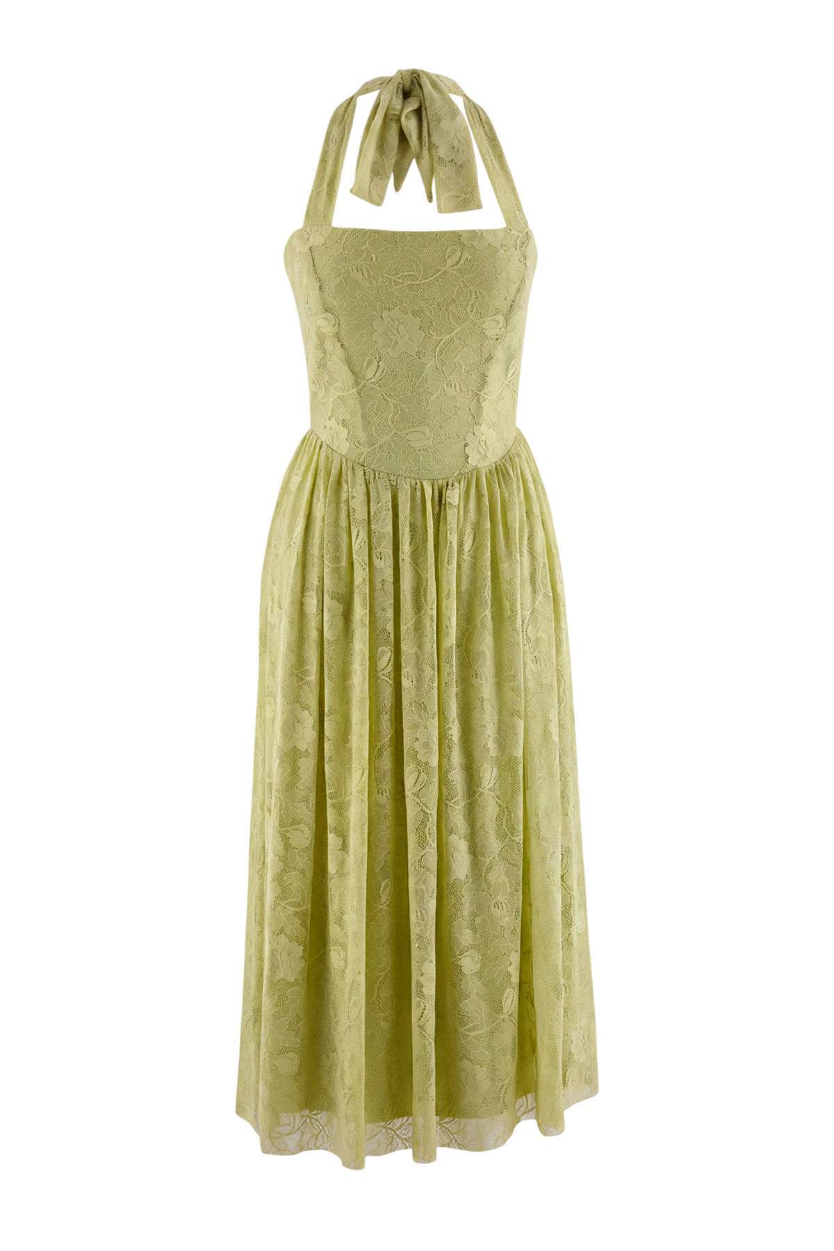 Trendyolmilla Pastel Yeşil Dantel Sırt Dekolteli Ayarlanabilir Bağcık Askılı Party Kokteyl Elbise TPRSS26EL00321