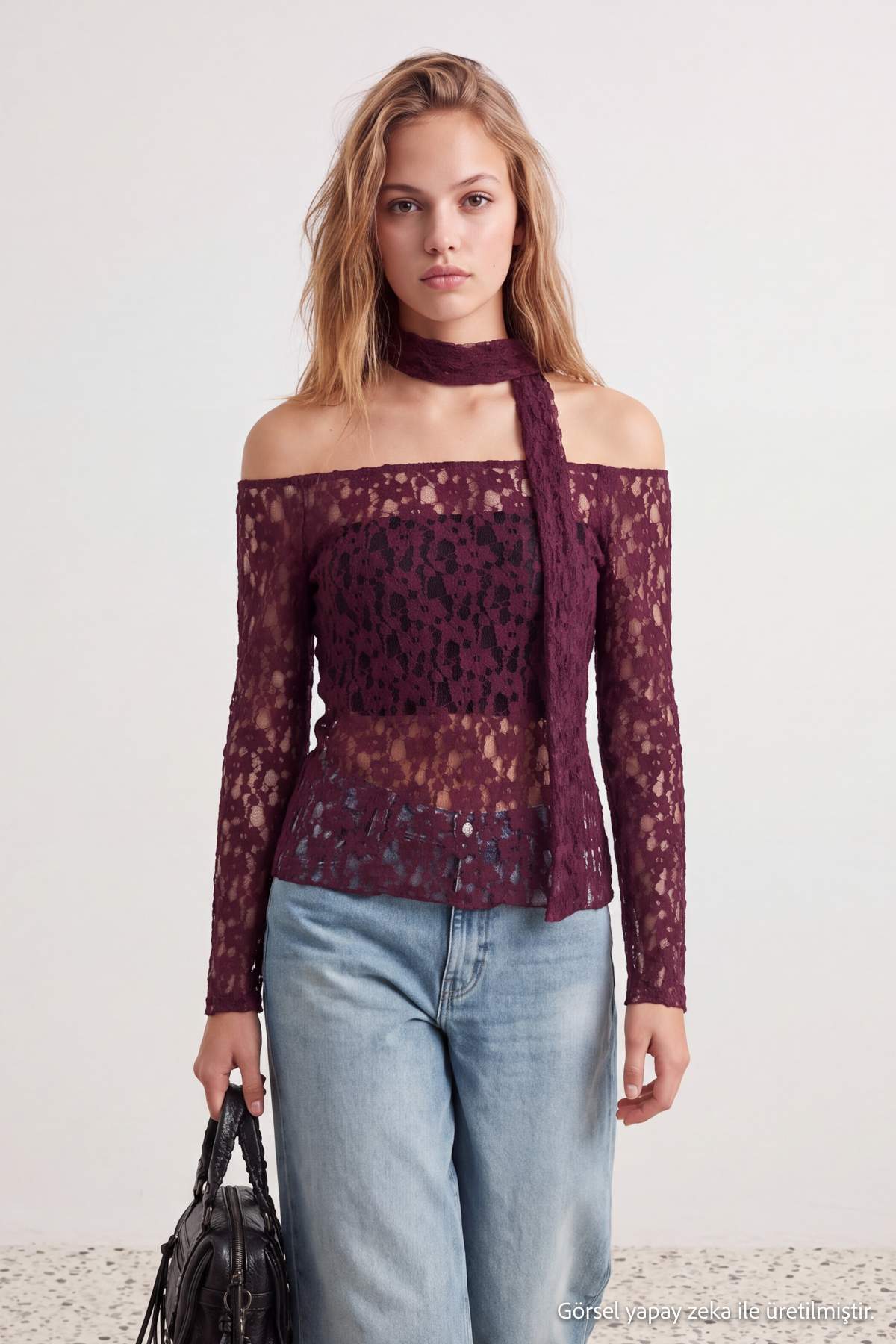 Trendyolmilla Mürdüm Düz Fitted/Vücuda Oturan Carmen Yaka Transparan Şallı Dantel Örme Bluz TWOAW27BZ00007