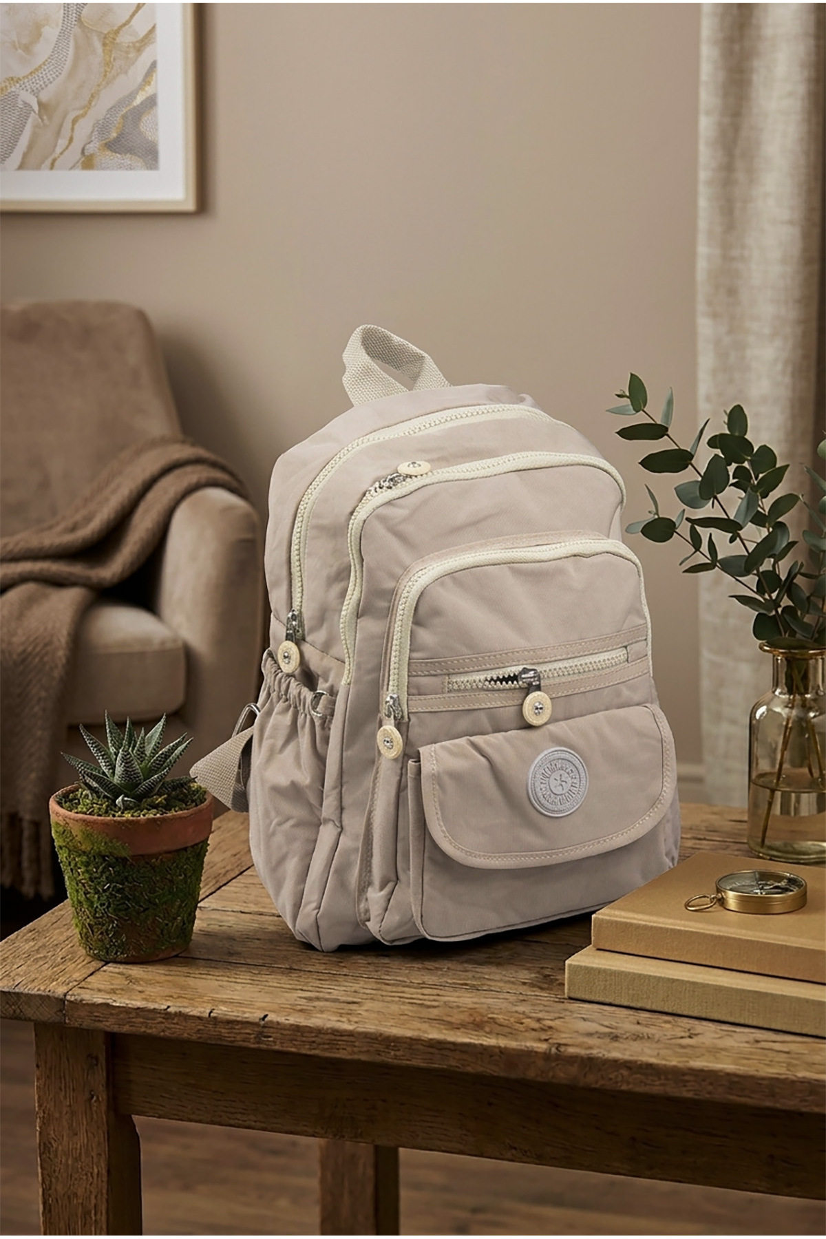 Small Size 33cm Krinkle/clinker Waterproof Fabric Multi-Eye Casual Women Backpack Beige 8317