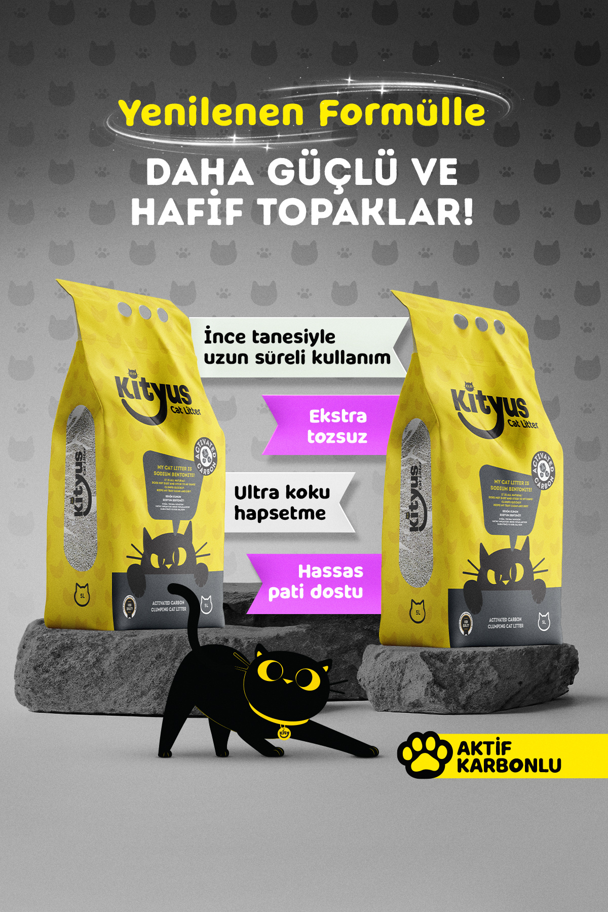 Kityus 2’li Avantaj Paketi Ekstra Topaklanan, İnce Taneli, Tozsuz, Aktif Karbonlu Bentonit Kedi Kumu 2x5kg