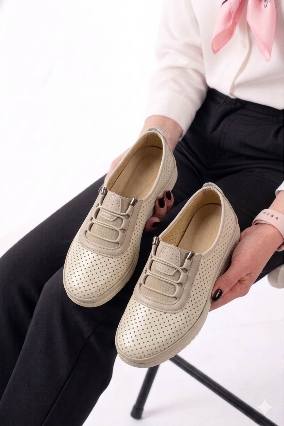 ASL SHOES STORE Orthopedic Sole Daily Soft Comfortable Women's Leather Lace-Up Perforated Ballet Flats