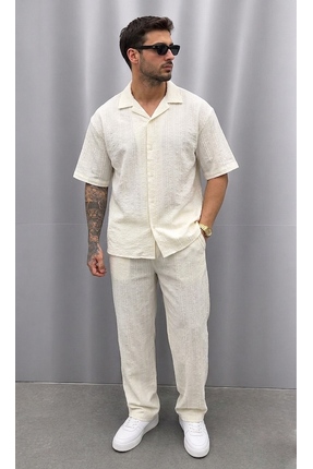 ONUR ERBİL MODA Erkek Bej Çizgili Oversize Gömlek Pantolon Takım
