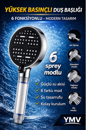 YMV Filtreli Duş Başlığı 6 Fonksiyonlu Kireç Klor Önleyici Su Tasarruflu Bası...