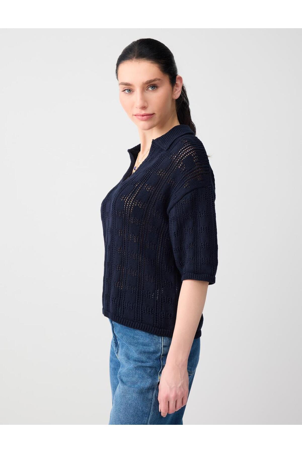 Jimmy Key Navy Blue Loose Polo Neck Knitwear Blouse