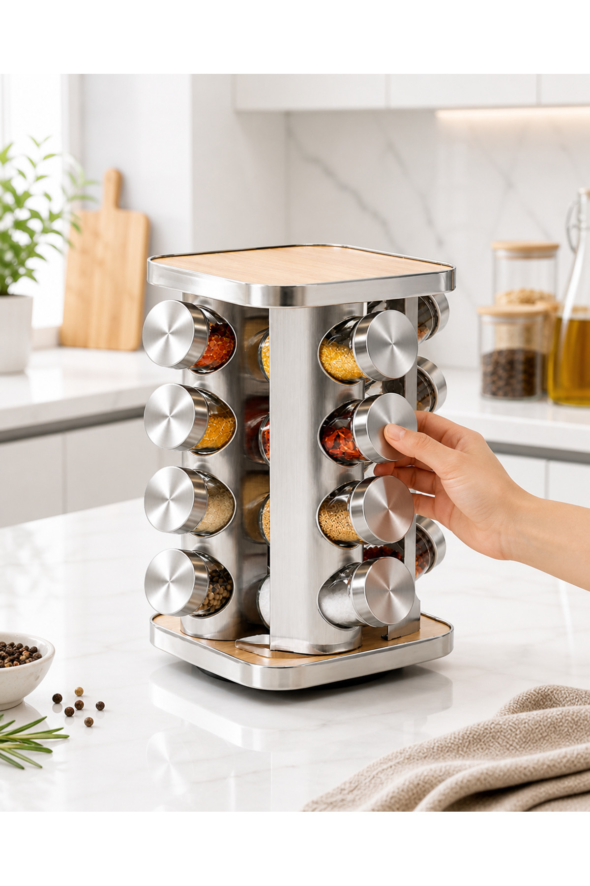 Vivien Home 16li Paslanmaz Çelik Ahşap Kapaklı Metal Döner Stantlı