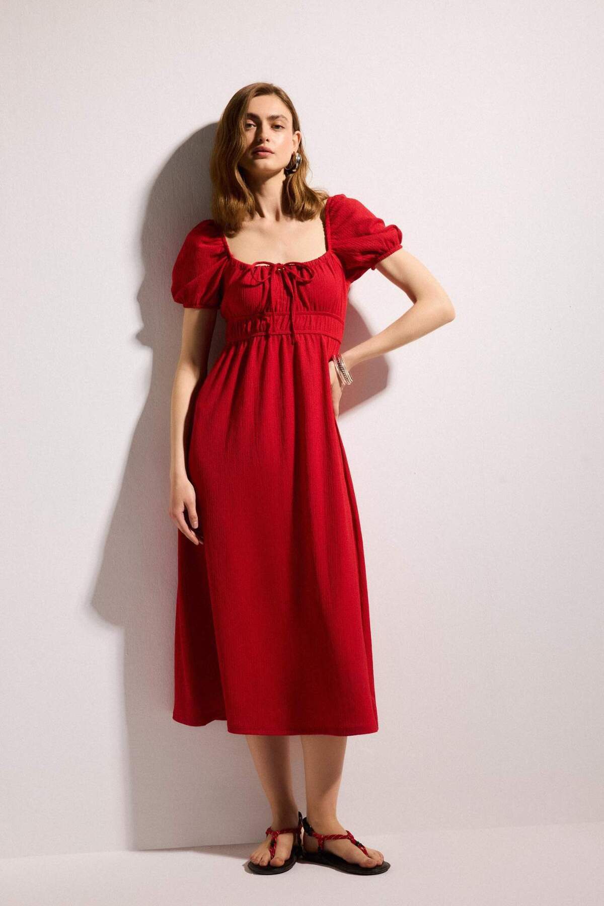 Defacto Square Neck Short Sleeve Midi Dress H7097Ax26Sm
