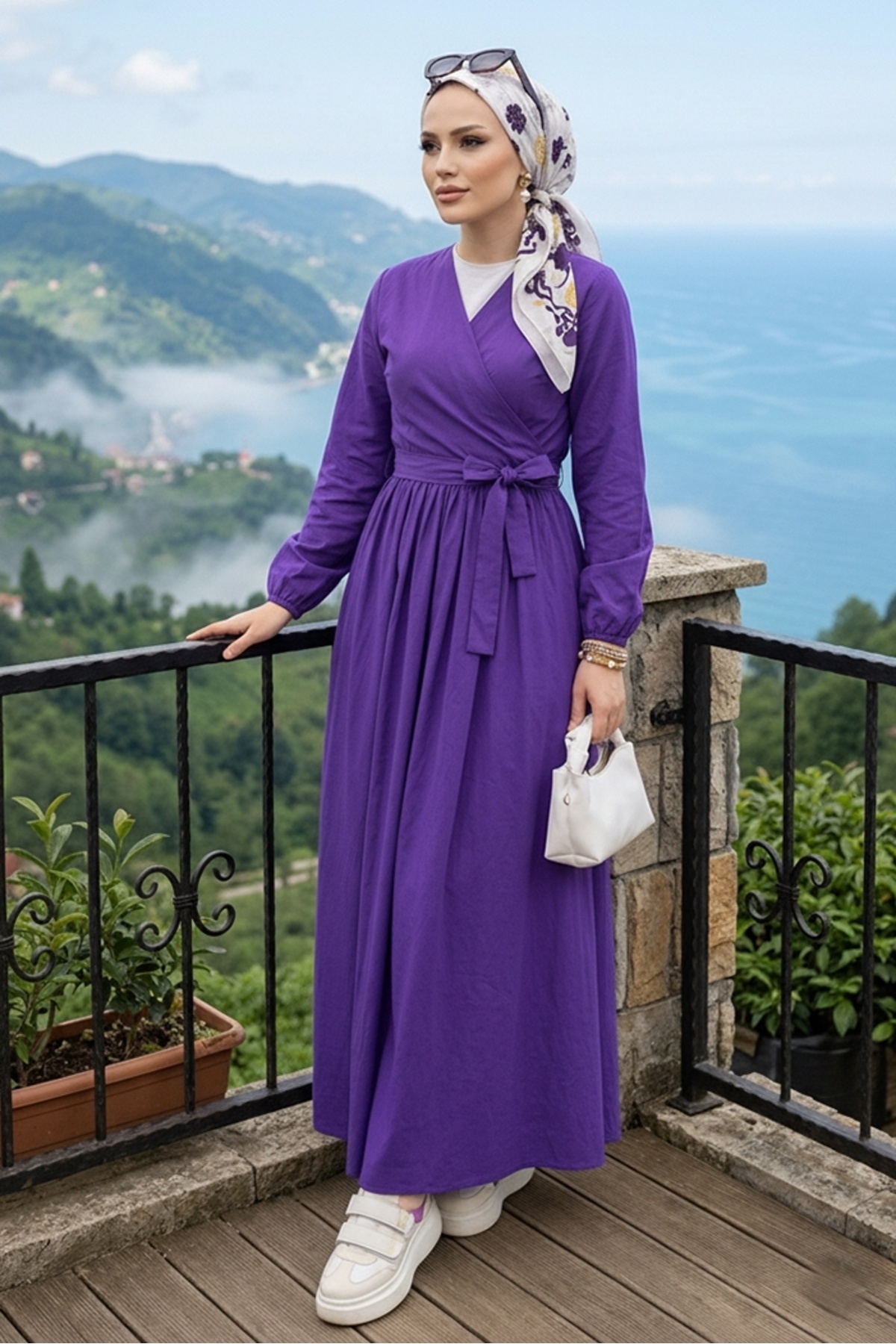 Bestenur Tie-Up Blouse Skirt Double Set 1465 - Purple