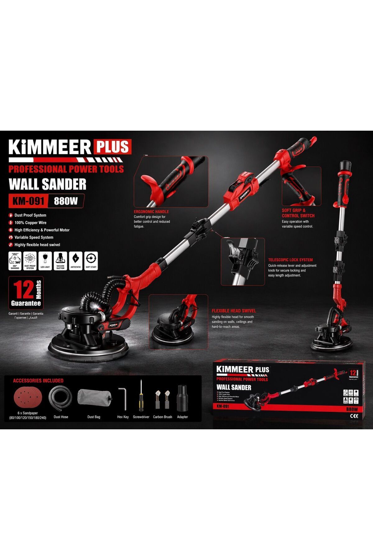 KİMMEER PLUS 360'Ledli 850W Pro Alçıpan Zımpara Makinası Toz