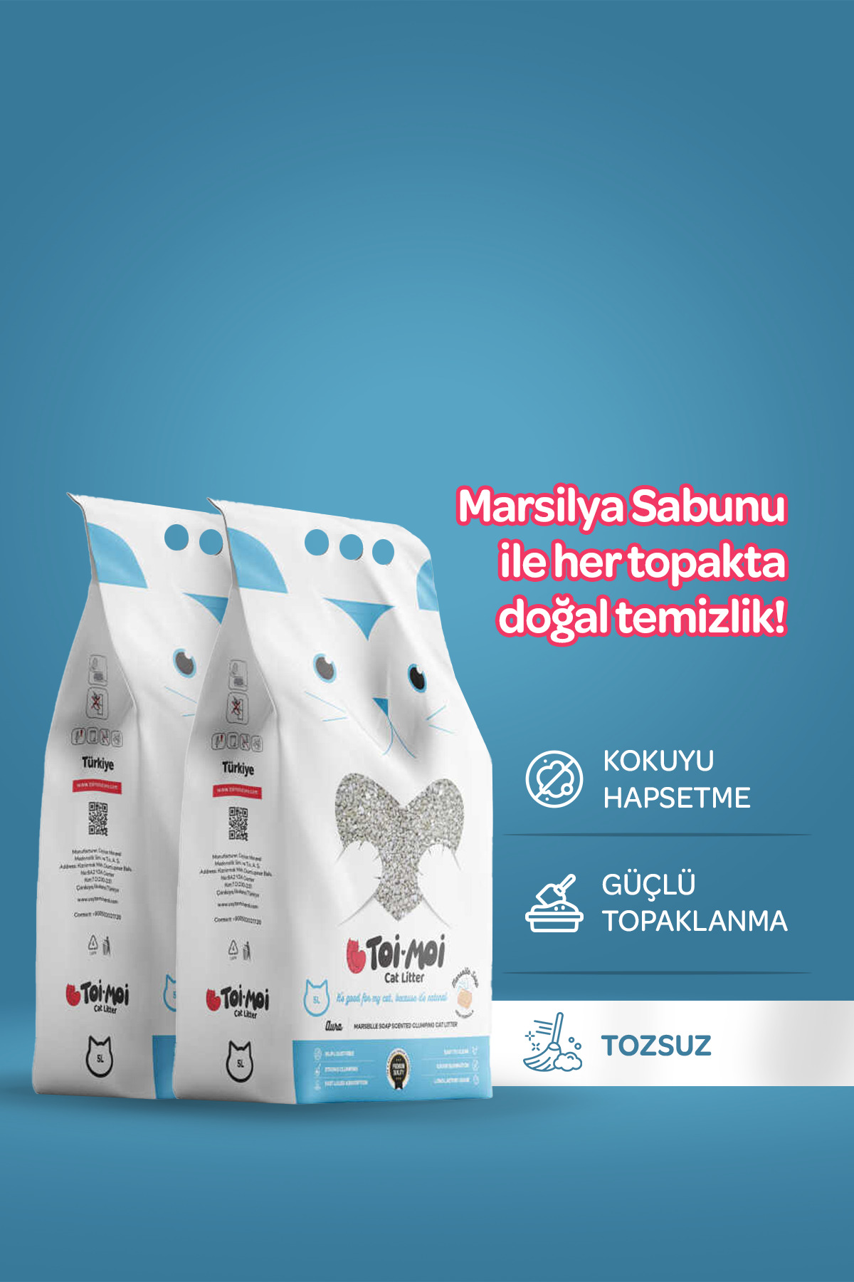 Toi Moi 2’li Avantaj Paketi Topaklanan,Tozsuz,Hijyenik Marsilya Sabunlu Bentonit Kedi Kumu 2x5lt