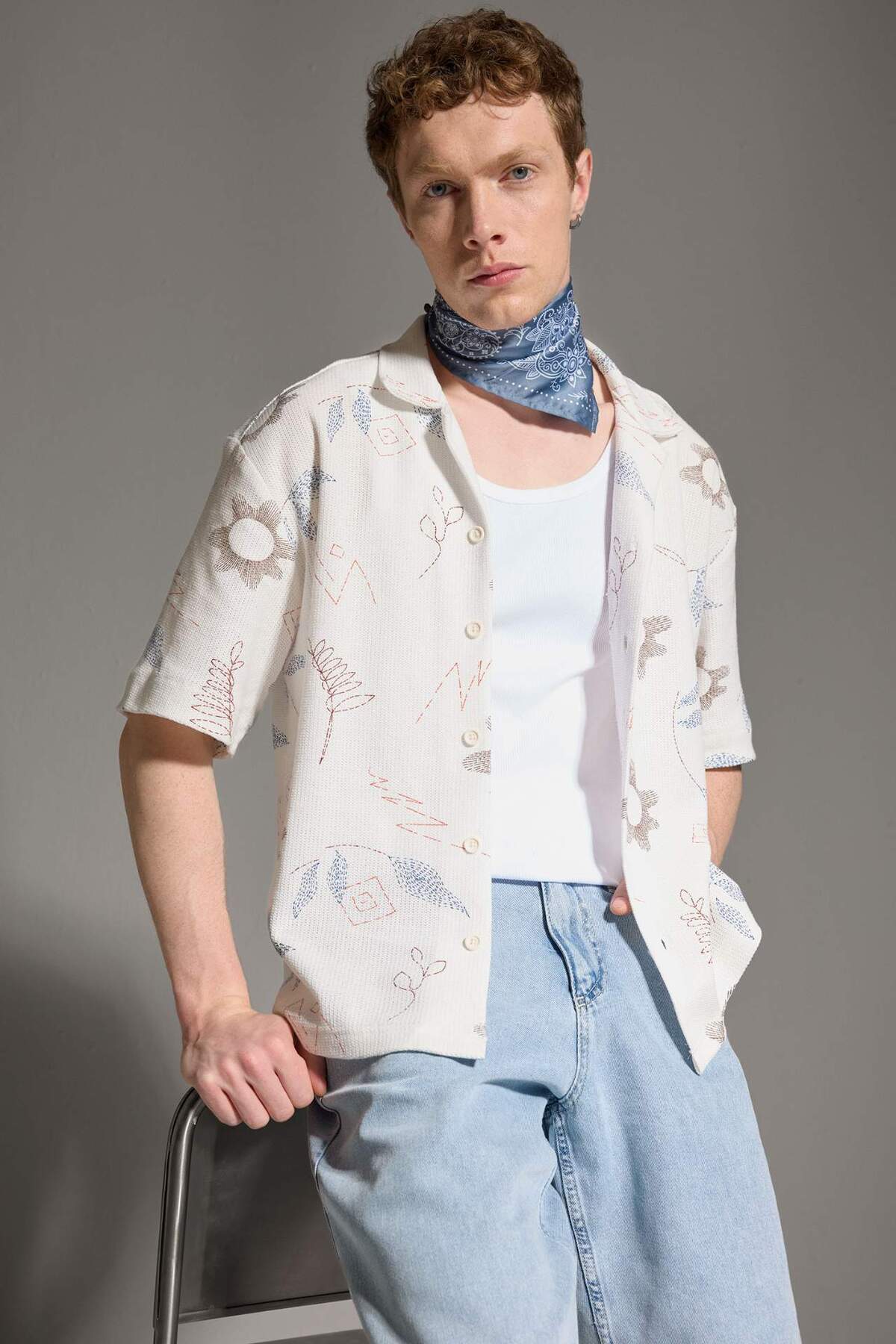 Defacto Boxy Fit Apaş Collar Printed Short Sleeve Shirt G4147Ax26Sm