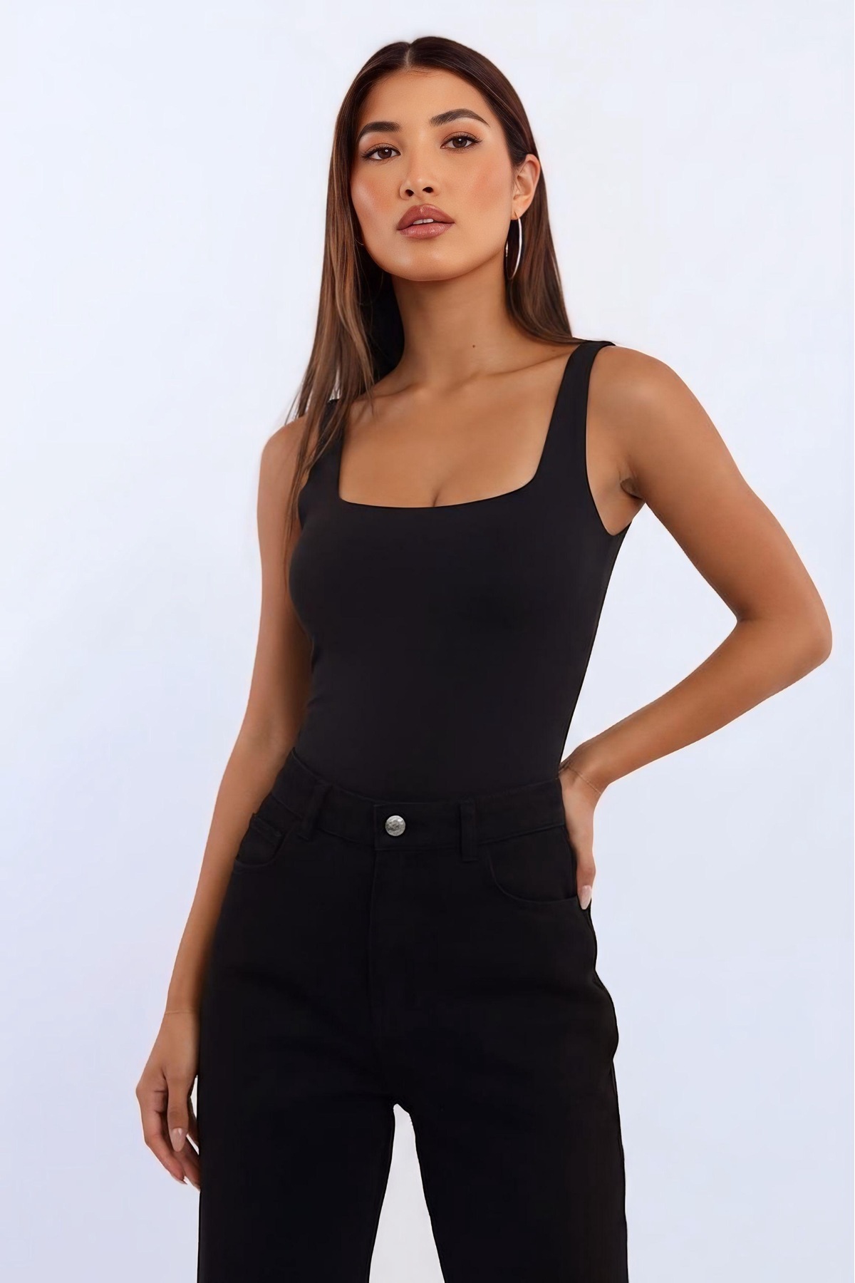 Women's Premium Square Neck Black Bodysuit with Snap Fastener