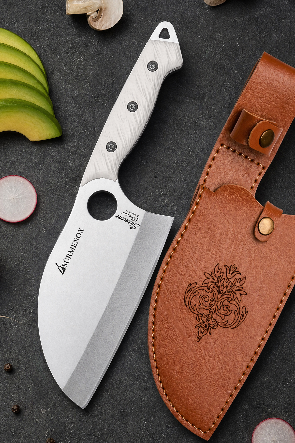 Sürmene Series K Non-Almazing Kitchen Chef Knife White Verzalite Handle Camping Outdoor Knife HDS-150 with Leather Case