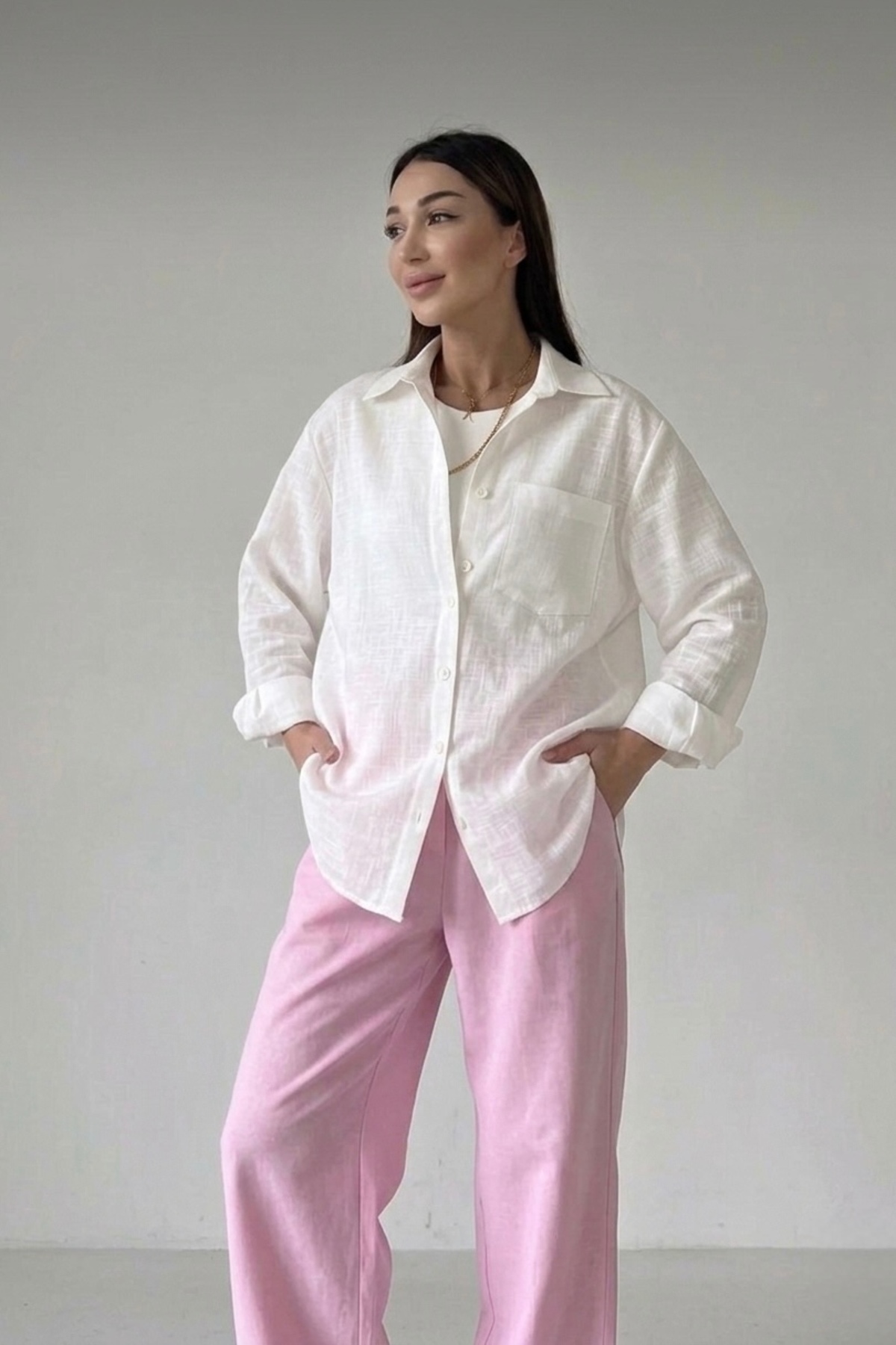 ELLEGANT Yeni Sezon Oversize Kadın Keten Gömlek görsel 3