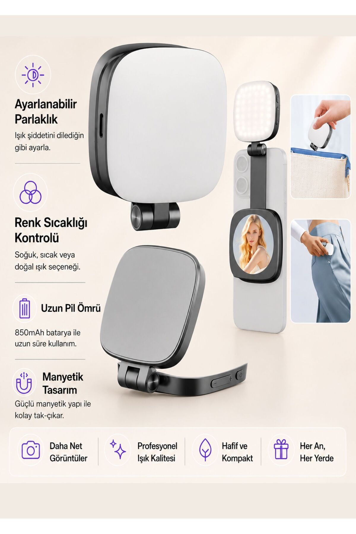 Magsafe Compatible Mirrored Selfie Light Adjustable Angle 5 Different Temperature Modes Extendable Design
