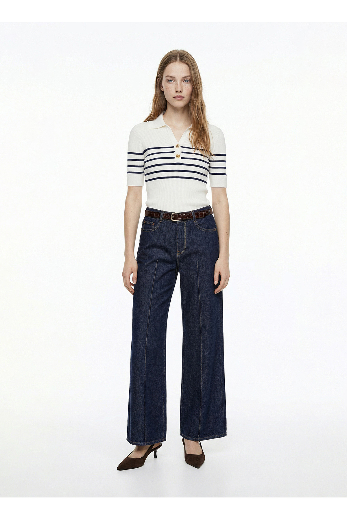 Fabrika Ekru - Lacivert Kadın Çizgili Slim Fit Triko Kazak F6SL-KZK0500 görsel 2