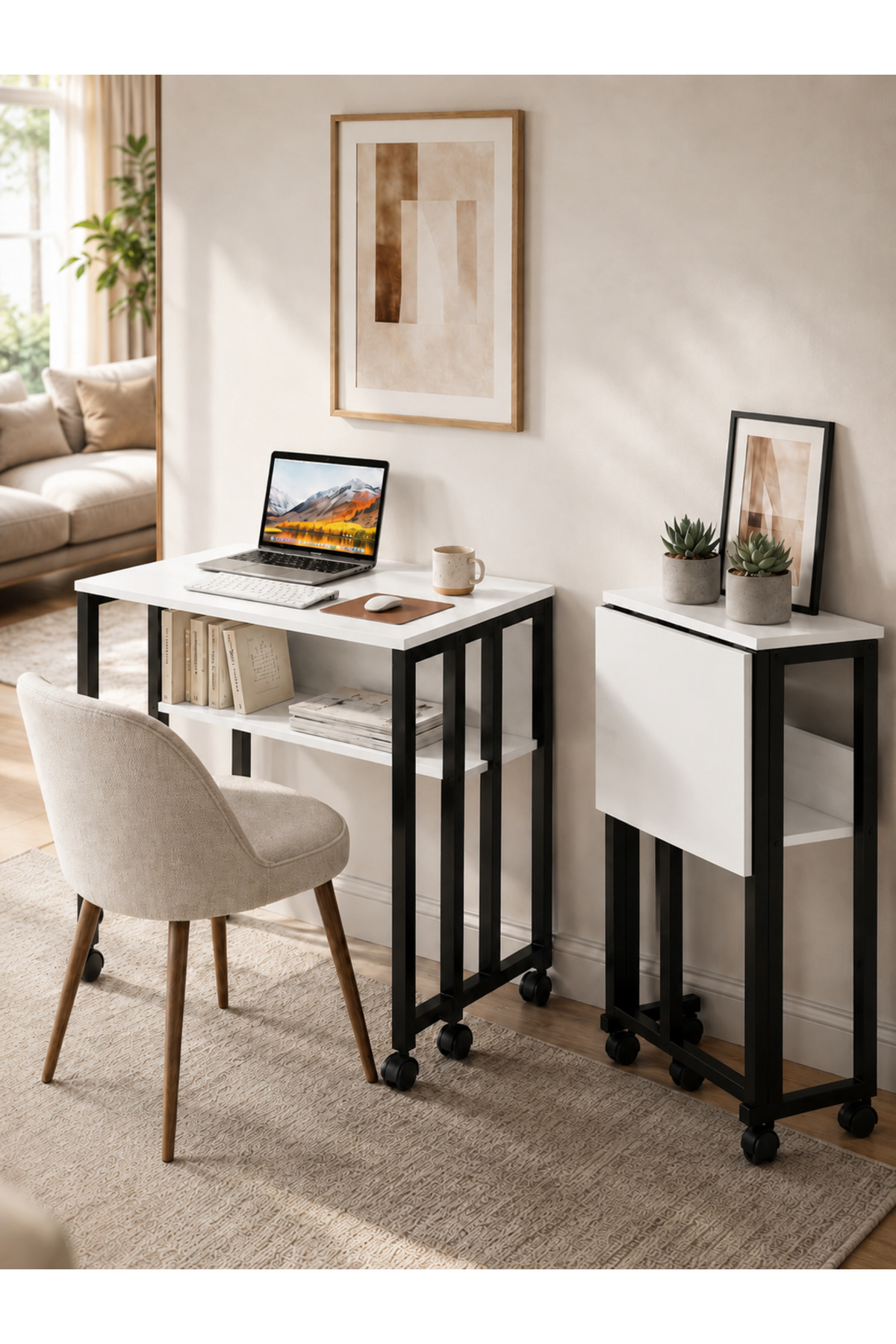Wheeled Desk Laptop Desk with Shelf Computer Desk Folding Student with Library Course Portable Small Table Sydney Black and White