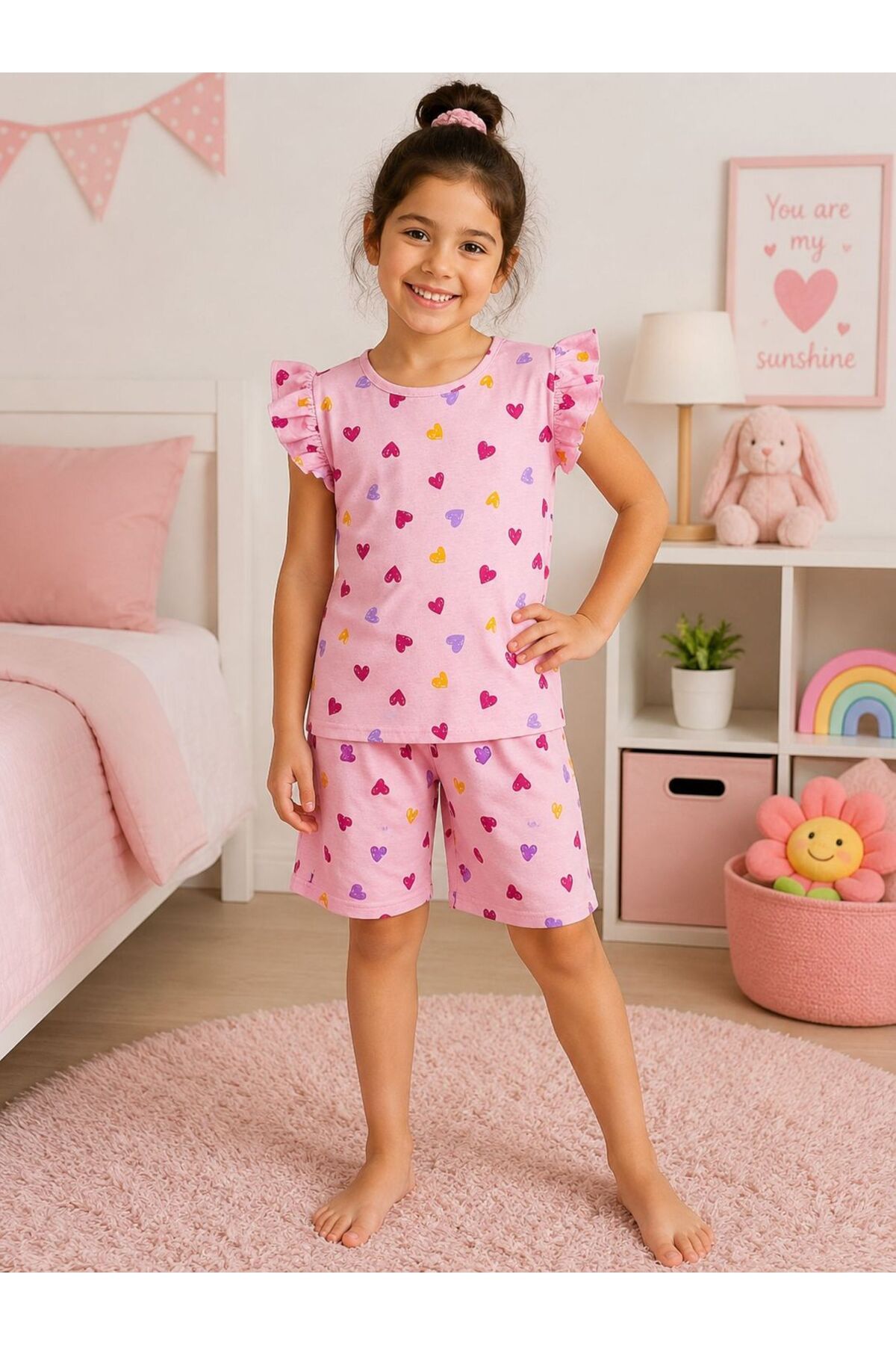 ALİŞ KİDS Girls Cotton Pink Heart Patterned Ruffled Sleeves Short Sleeve Shorts Summer Pajama Set