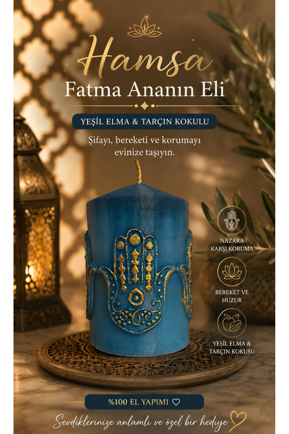 Hamsa Fatma Mother's Hand Green Apple& Cinnamon Scented Candle Evil Eye Protector Decorative Gift