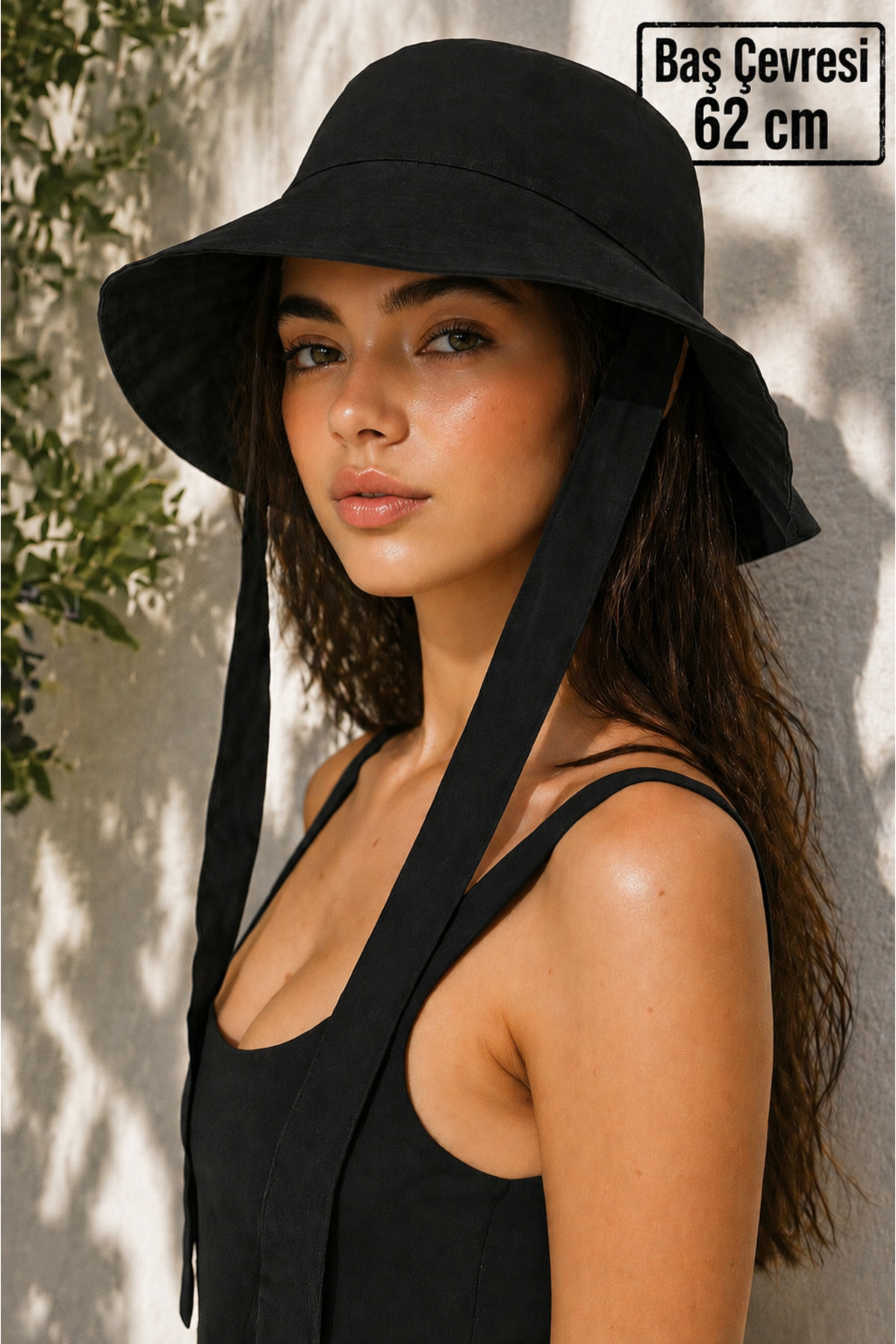 Women's Black Bucket Hat with Tie – Sunscreen Beach Hat, Matching on Bonnet
