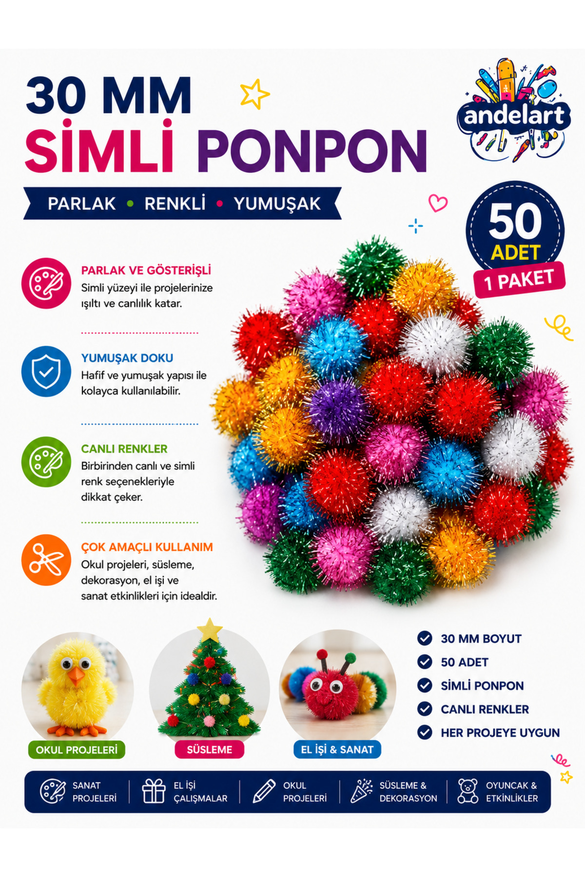 Glitter Pompom 30 mm 50 Li 1 Pack Mixed Color Pompom