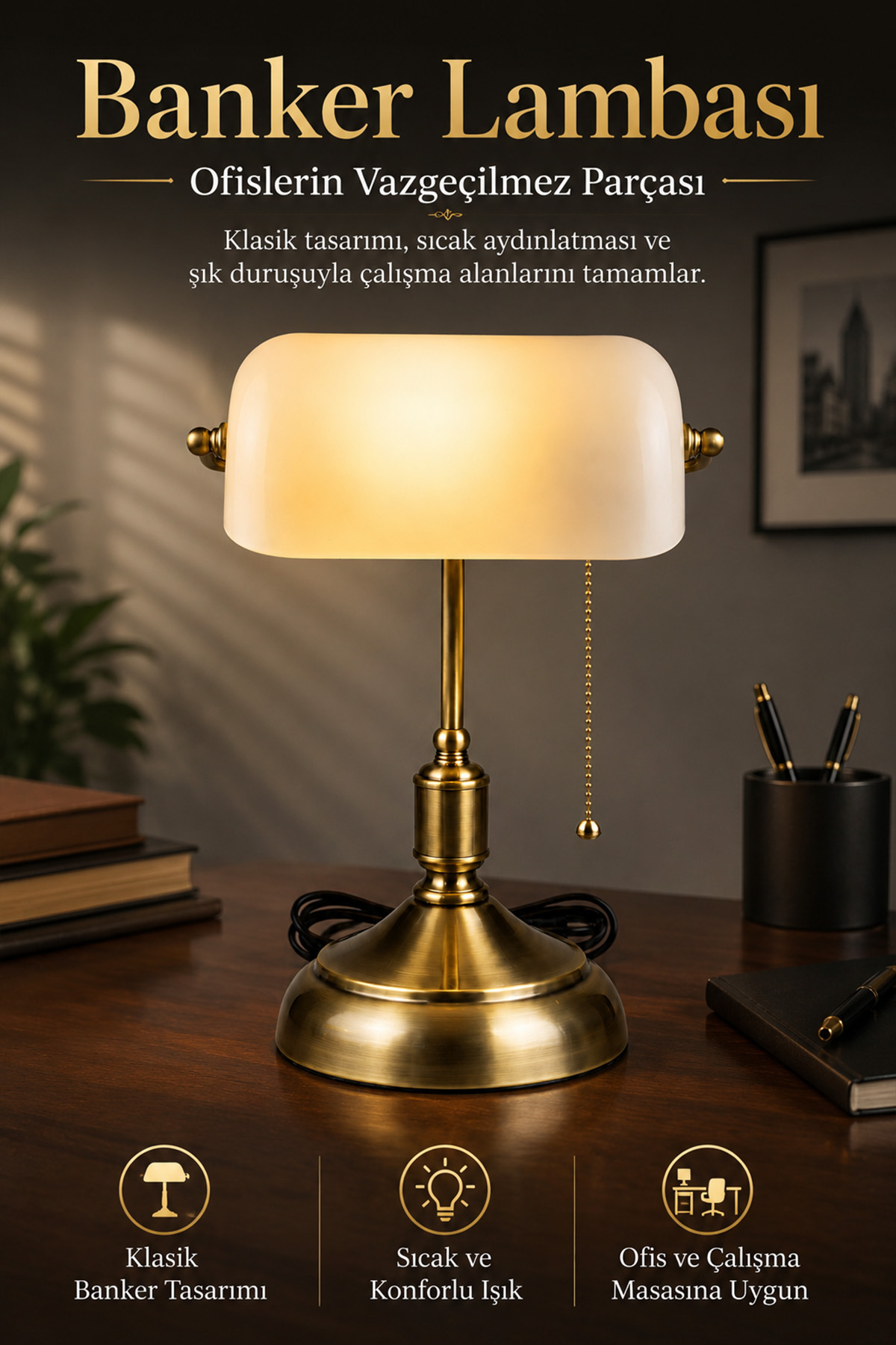 Banker Desk Lamp White Glass Aged Body E27 Duy Retro Decorative Desk Lamp (WITH BULB GIFT)