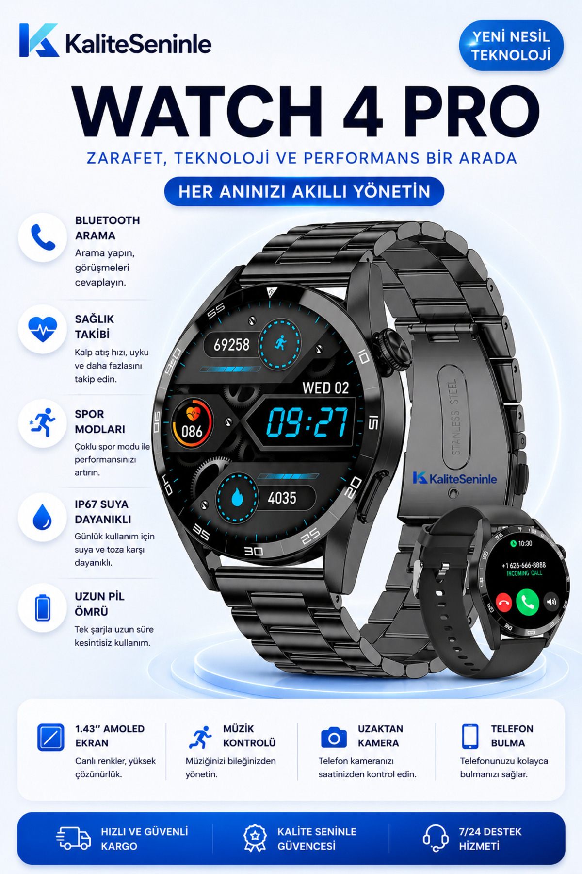 KALİTESENİNLE Akıllı Saat Watch 4 Propremium Akıllı Saat Bluetooth Sesli Görüşmeli Iphone Huawei Uyumlu Akıllı Telefon