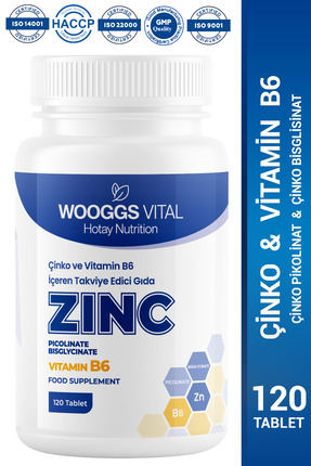 Hotay Nutrition Wooggs Vital Çinko (Picolinat + Bisglisinat) ve Vitamin B6 İç...